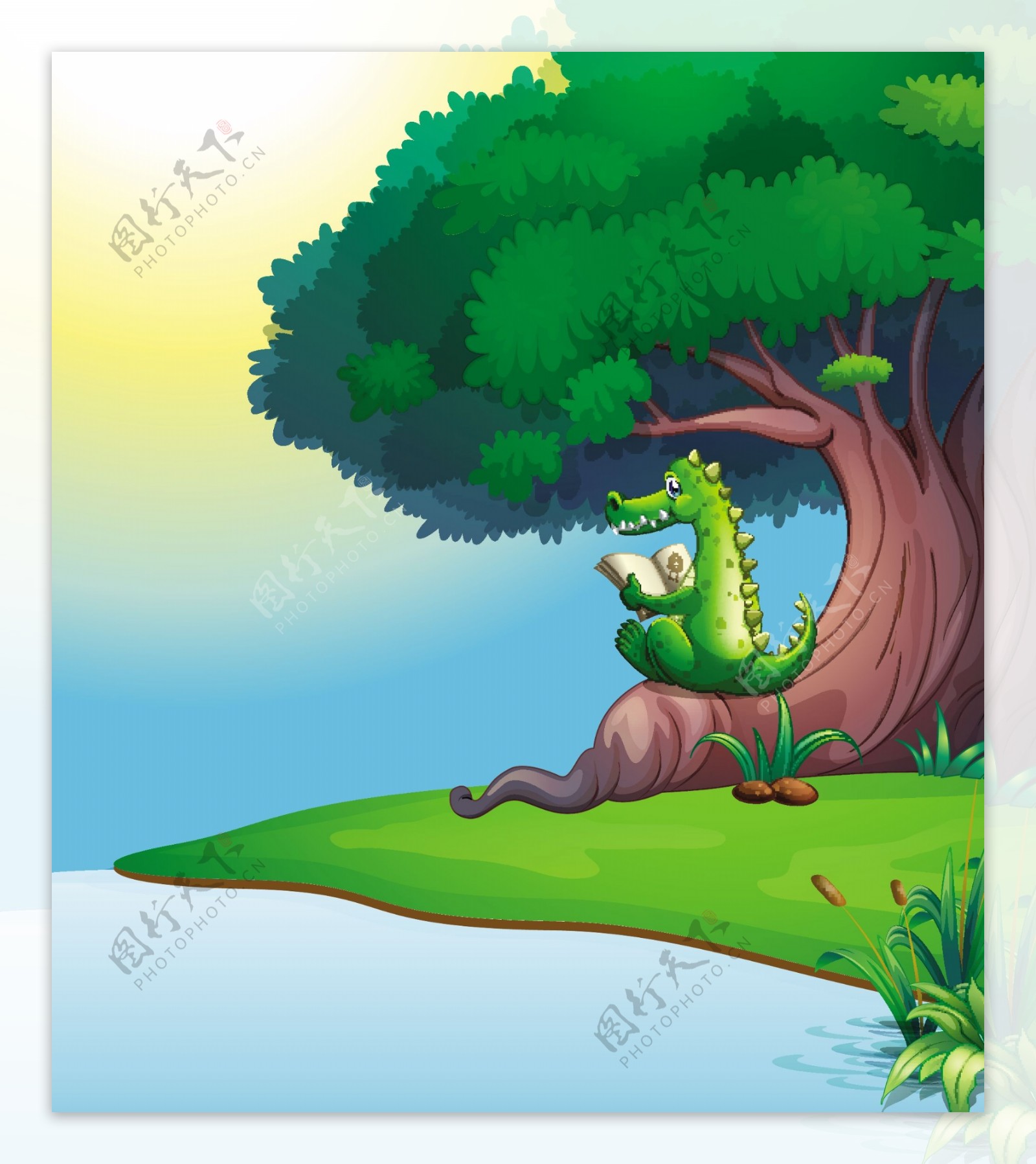 卡通鳄鱼坐在树上看书矢量素材