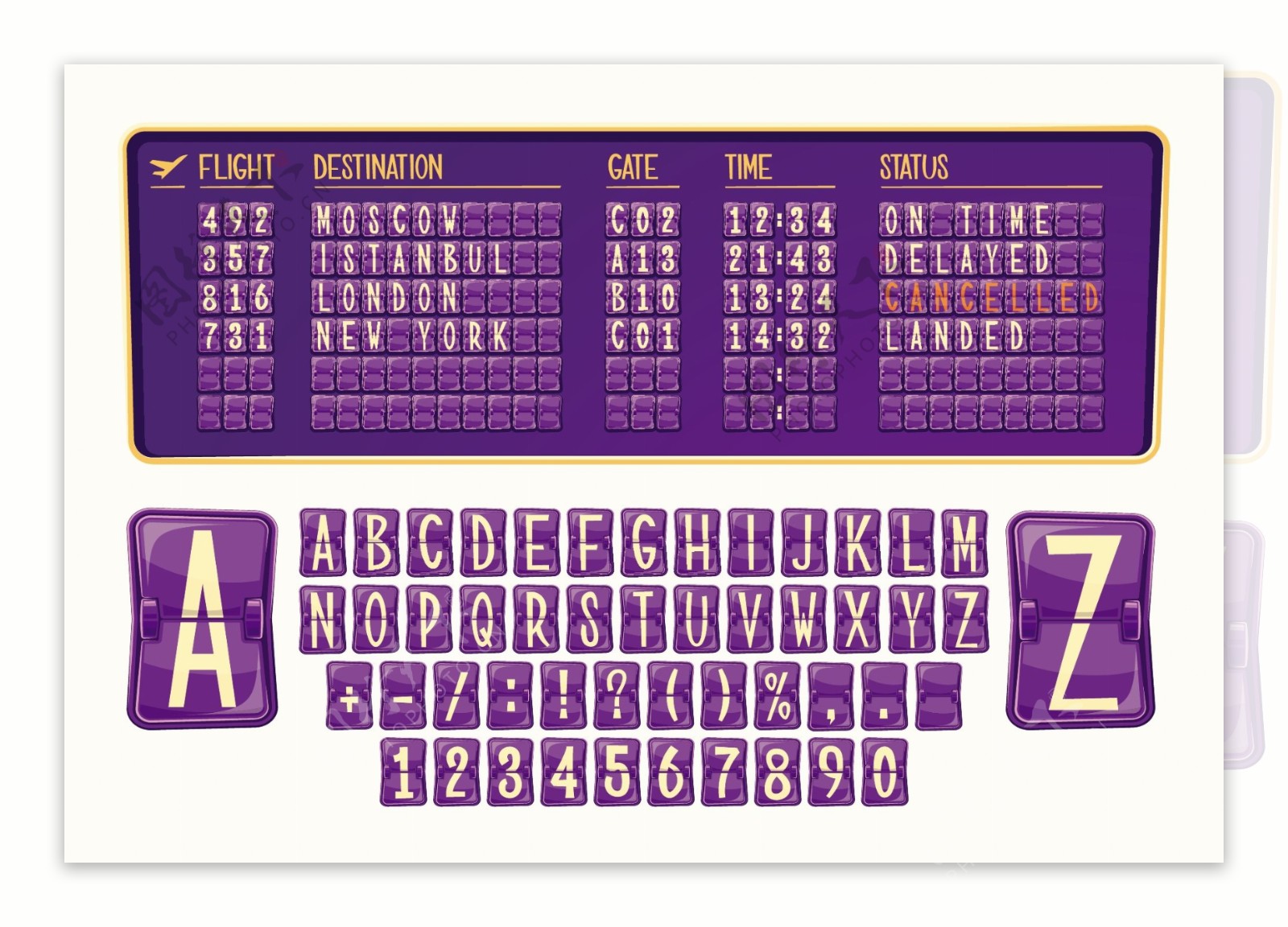 机场出入境矢量插图板各种数字和文字卡通风格