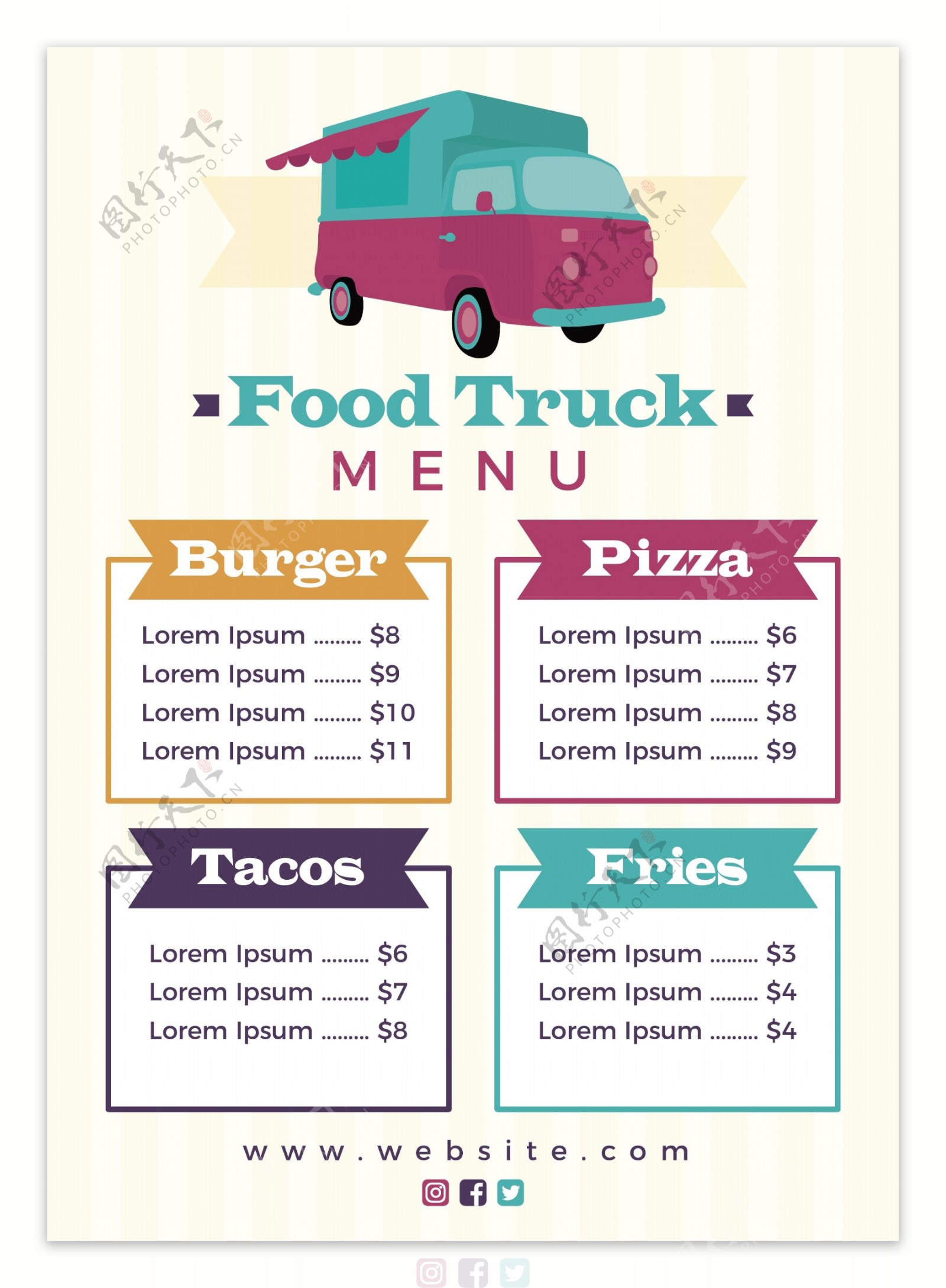 彩色食品卡车菜单模板