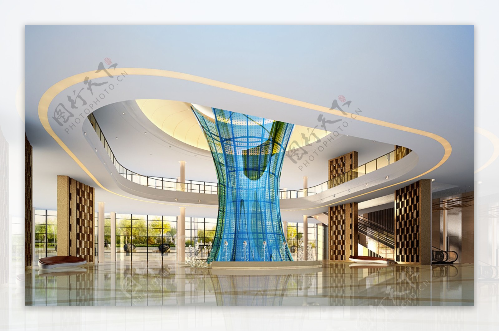 现代时尚酒店大厅蓝色柱子工装装修效果图