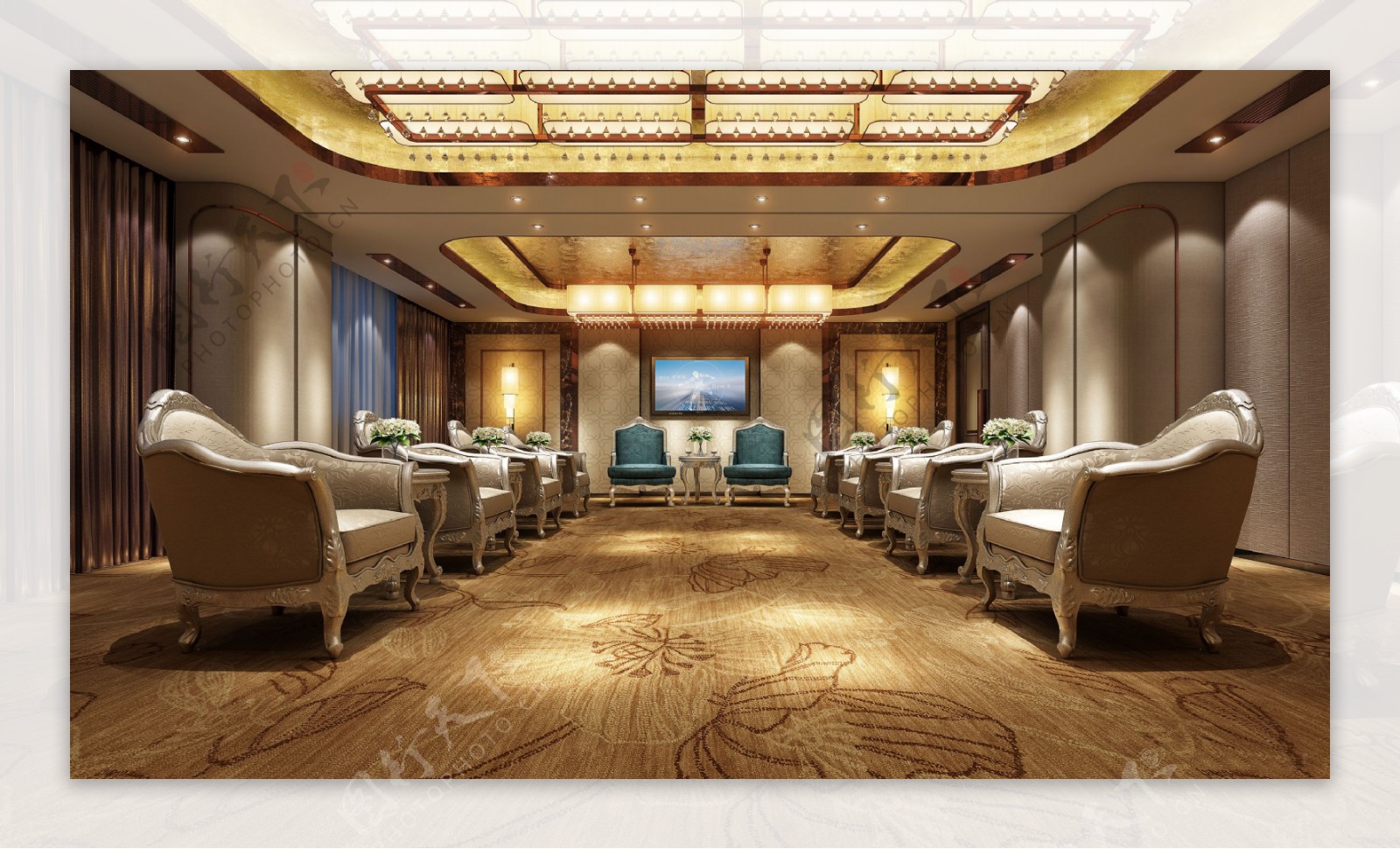 现代经典酒店会议室金色地毯工装装修效果图
