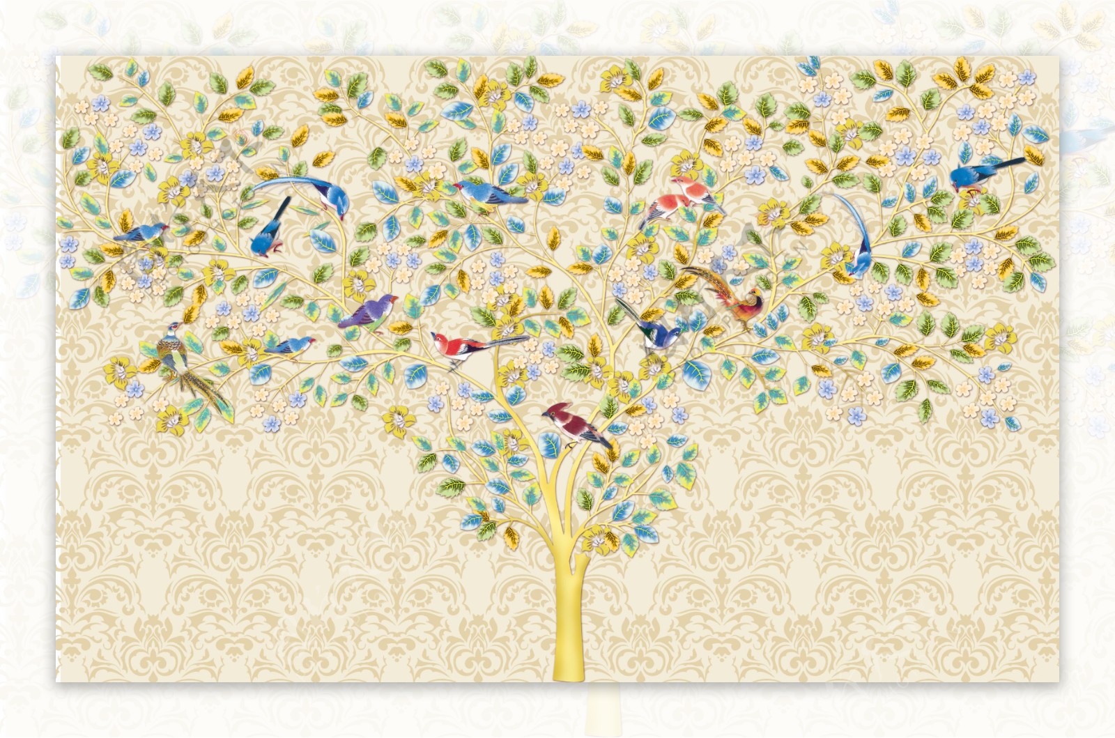 欧式手绘花树复古背景墙壁画
