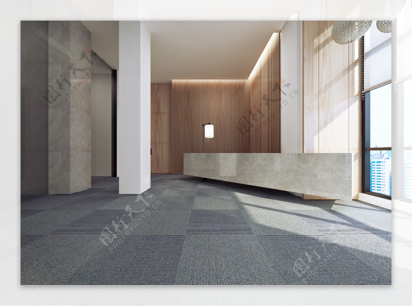 现代时尚极简办公室灰色格子地板工装装修图