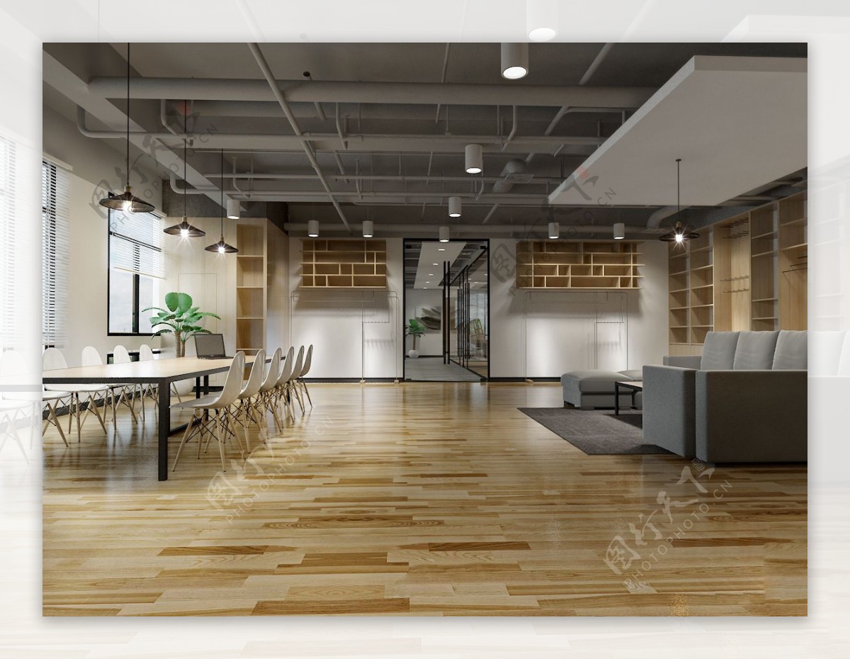 工业风格办公室木地板工装装修效果图