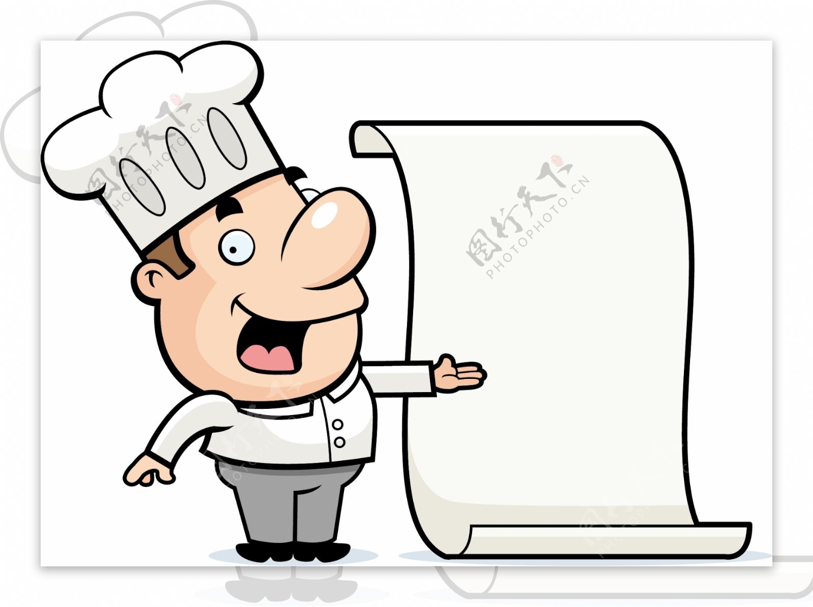 站在菜单旁边的可爱卡通厨师