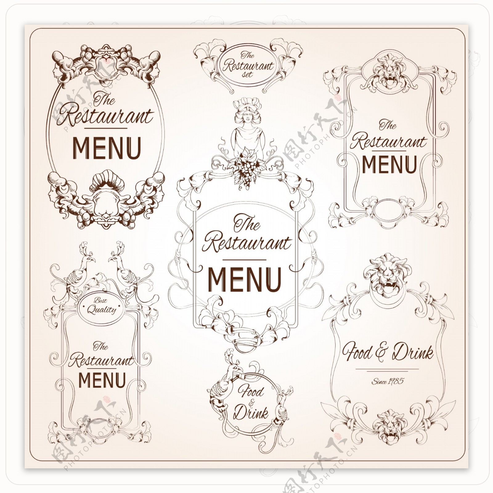 优雅的花香书法复古风格的餐厅菜单标签矢量图