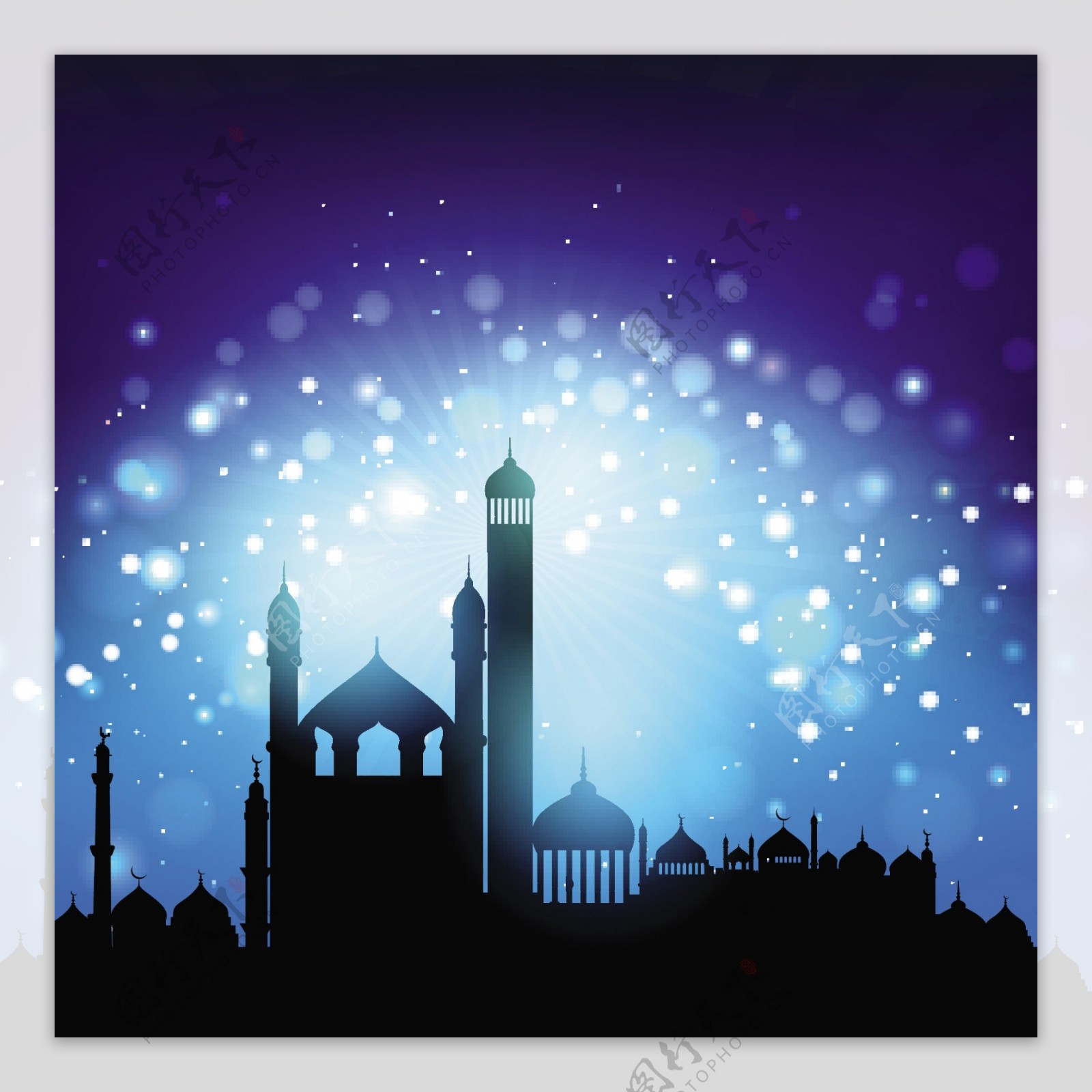 对背景虚化的夜空清真寺的剪影