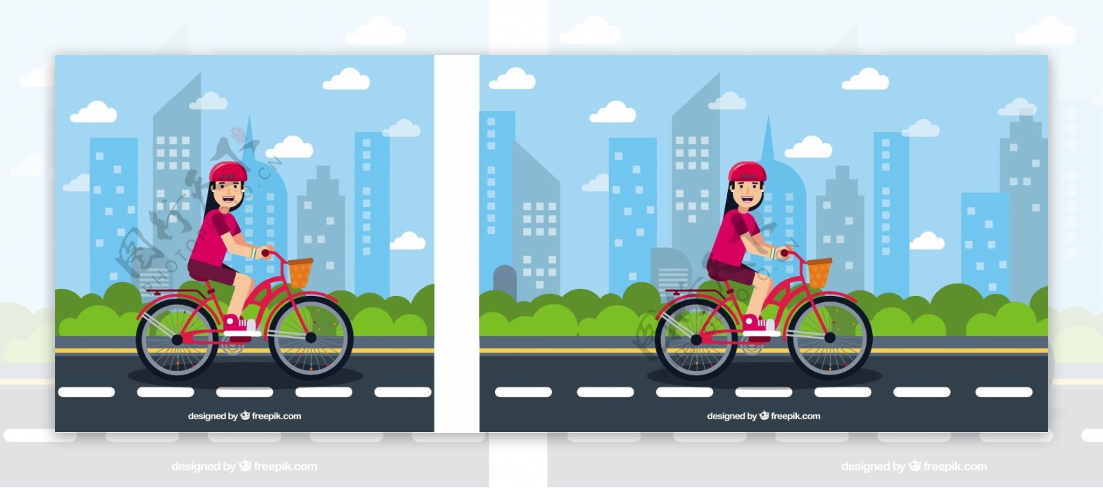 平面背景与微笑的女人和自行车