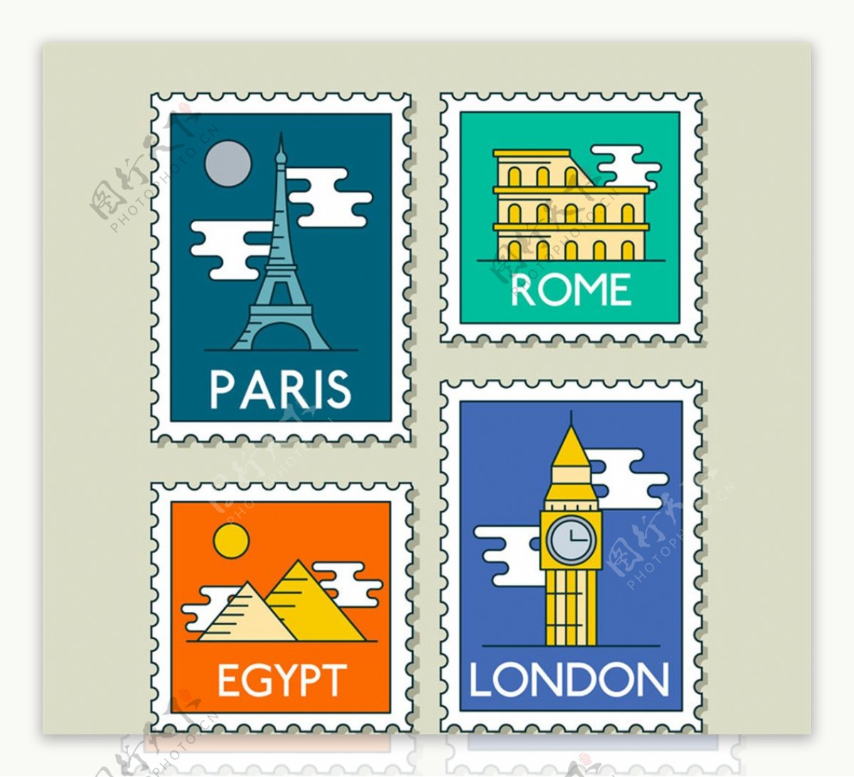 4款创意世界旅行邮票矢量素材