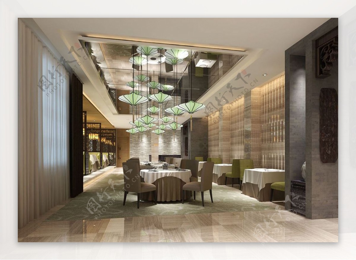 中式简约餐饮商业空间大厅效果图设计