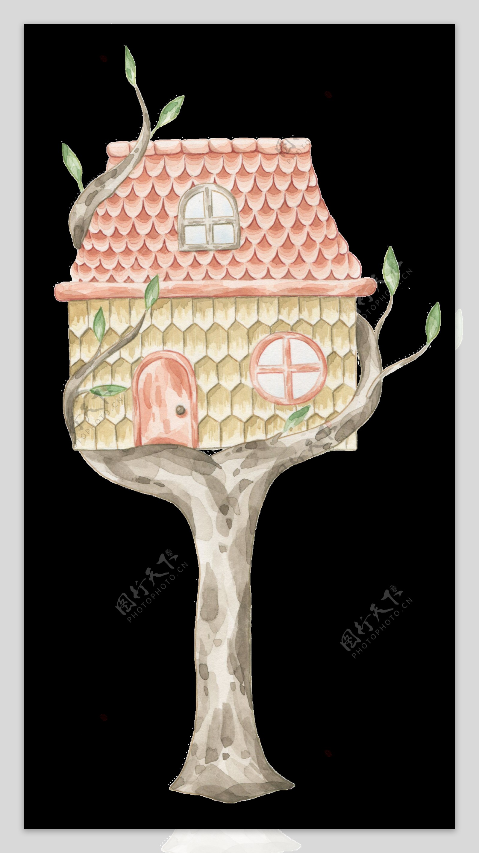 清新手绘树屋插画装饰图案