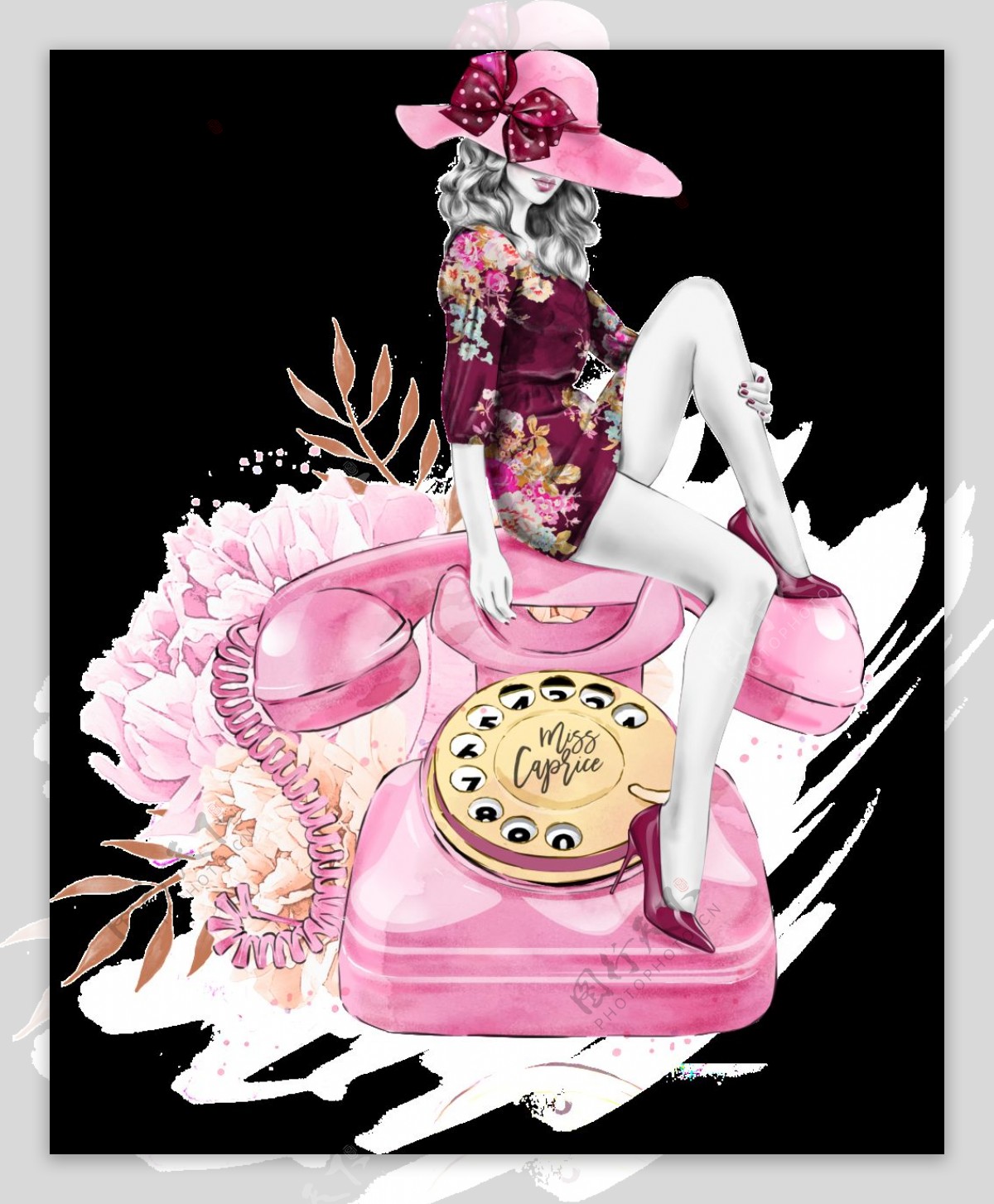 粉色老式电话卡通透明素材