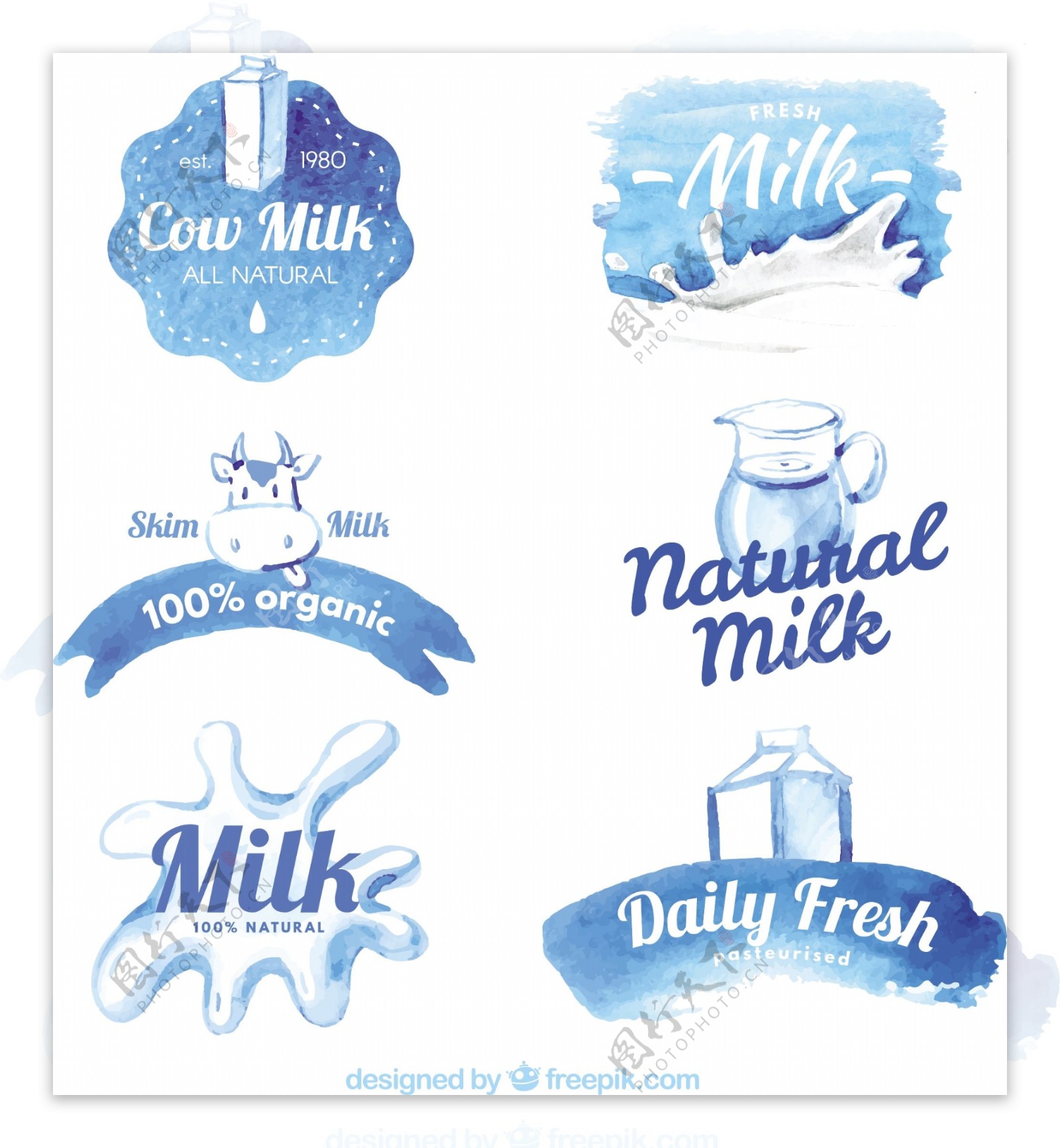 漂亮的水彩牛奶贴纸