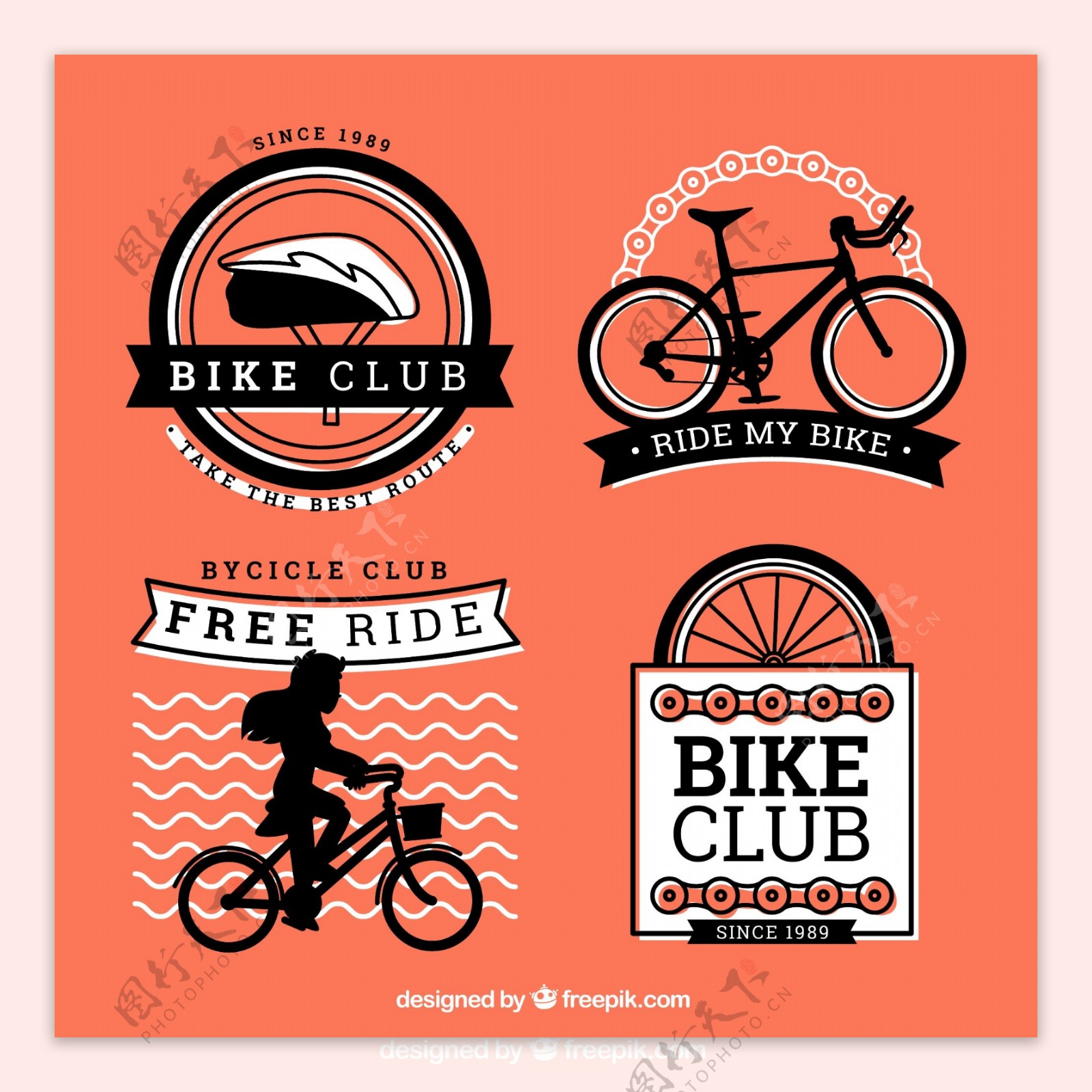 4款复古自行车俱乐部标签矢量