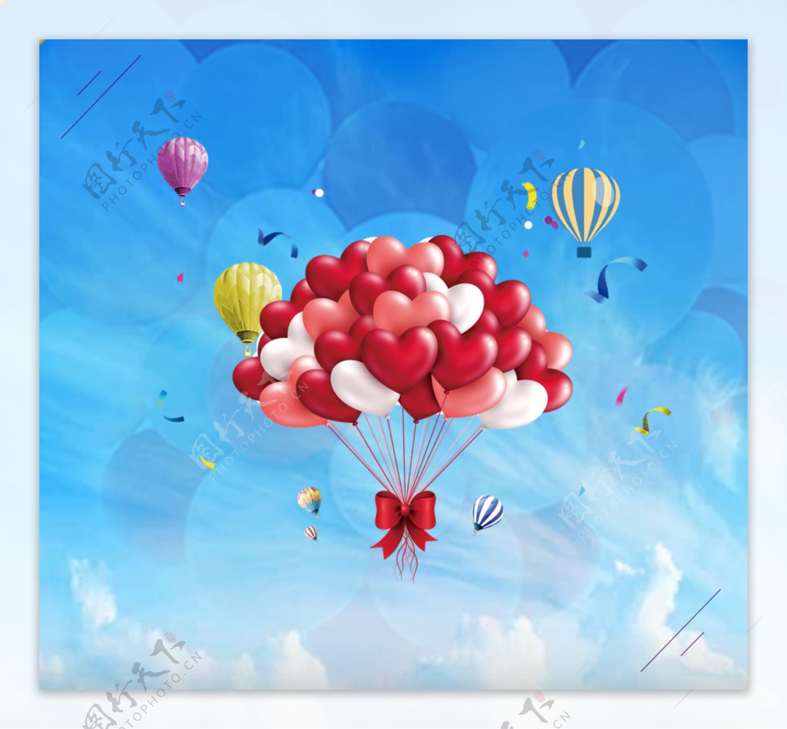 爱心气球飞舞蓝天白云上唯美简约背景图