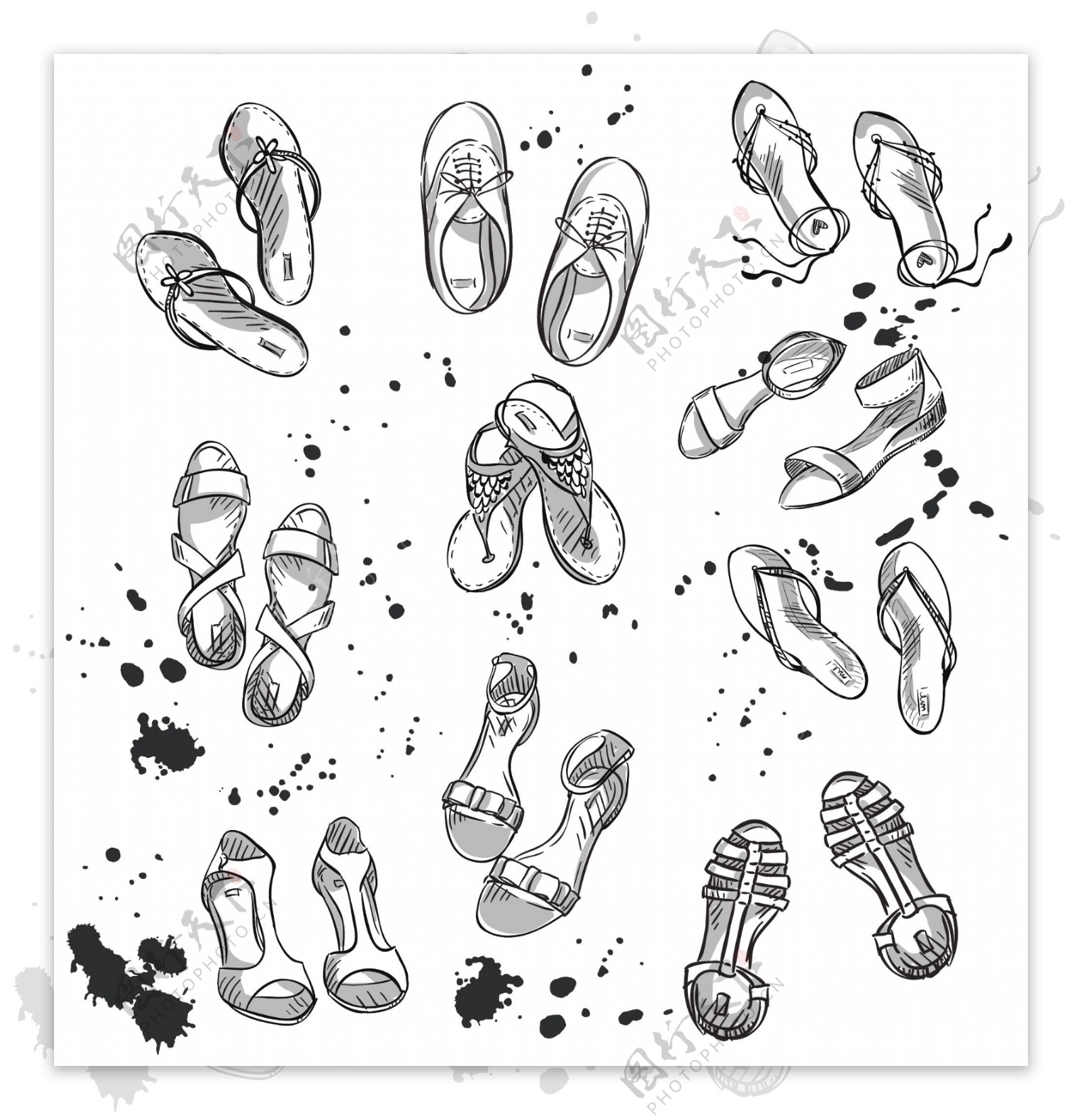 黑白手绘女生鞋子插画