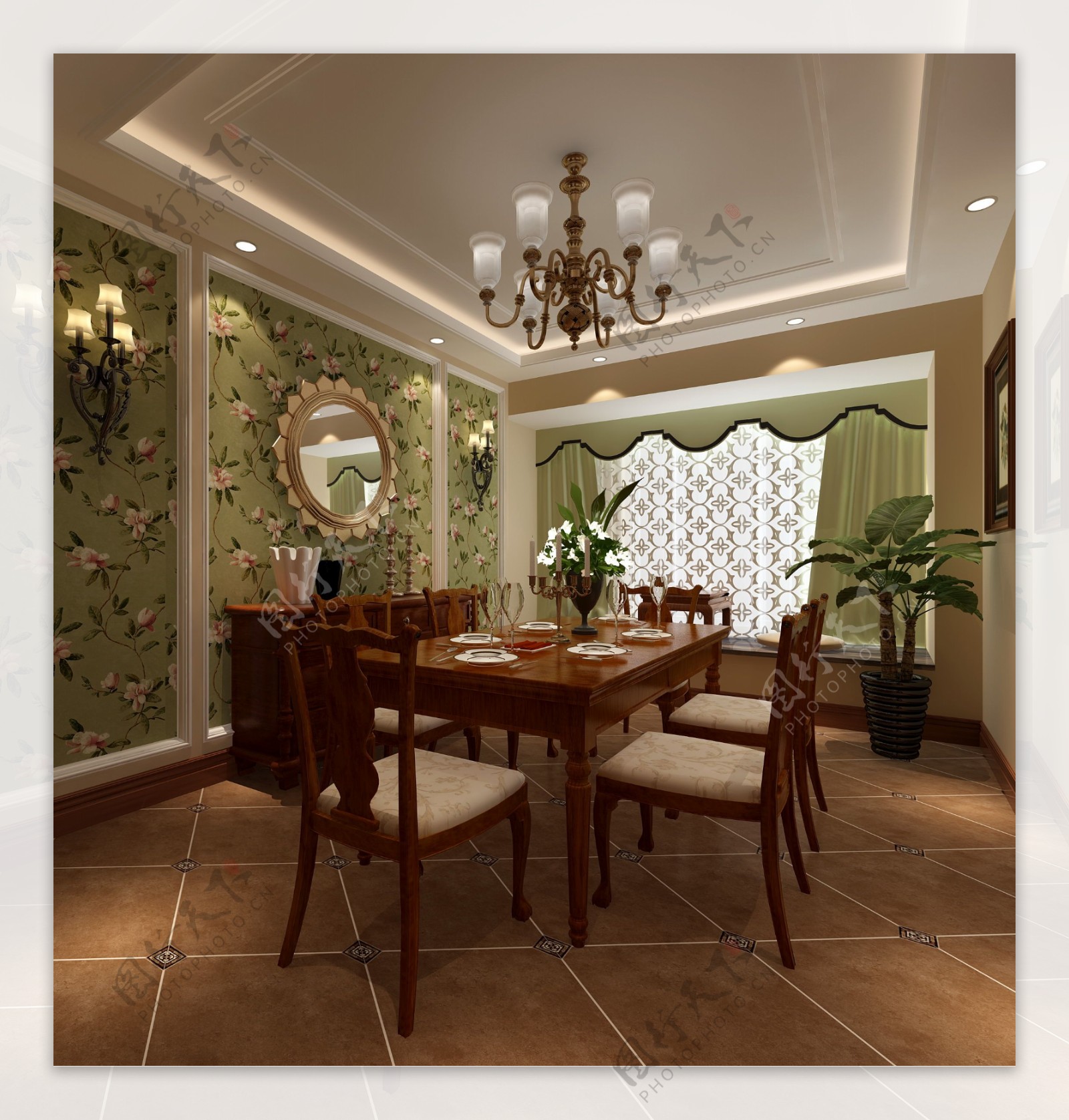 美式清新客厅花朵形状镜子室内装修效果图