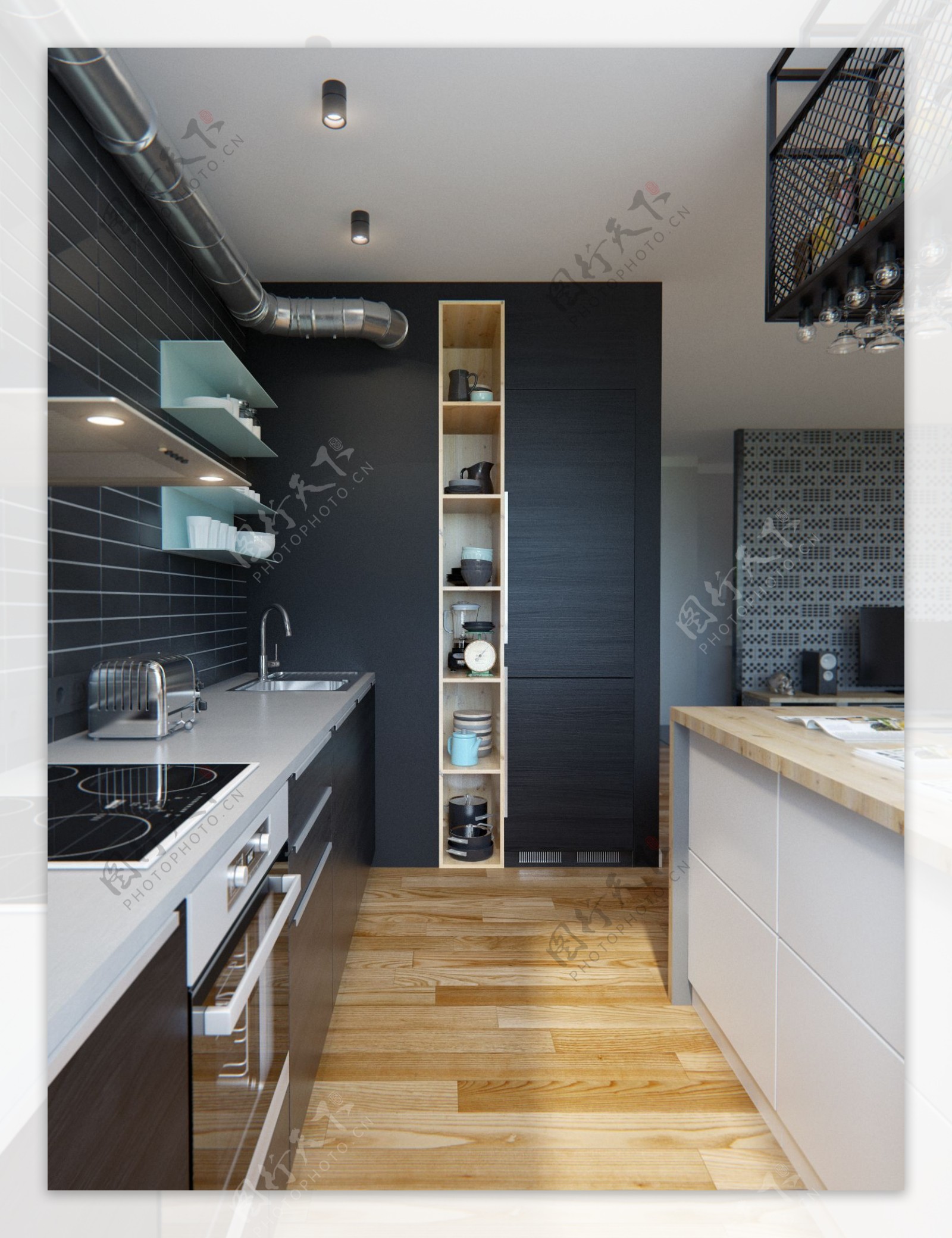 欧式经典大气厨房壁柜黑色墙面装修效果图