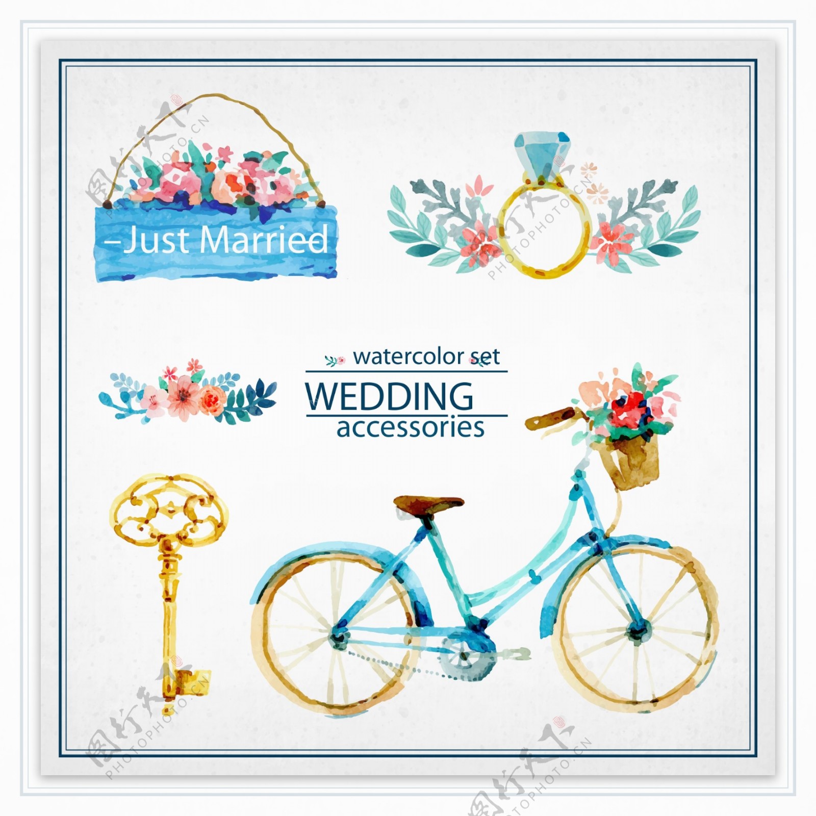 时尚手绘自行车和花朵插画