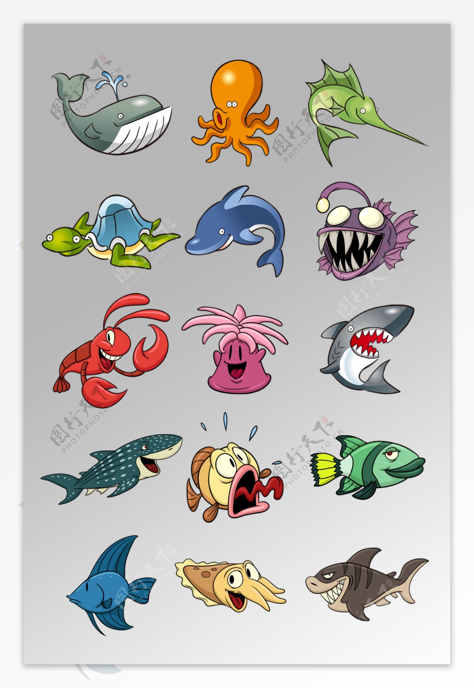 一组可爱狰狞抽象鱼类的海洋生物