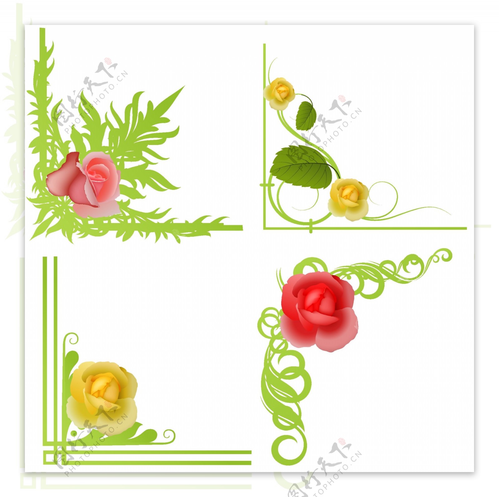 彩画绿叶花朵方框矢量卡通装饰素材