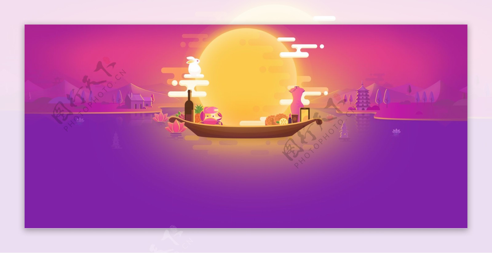 月亮紫色湖水中秋节banner背景素材