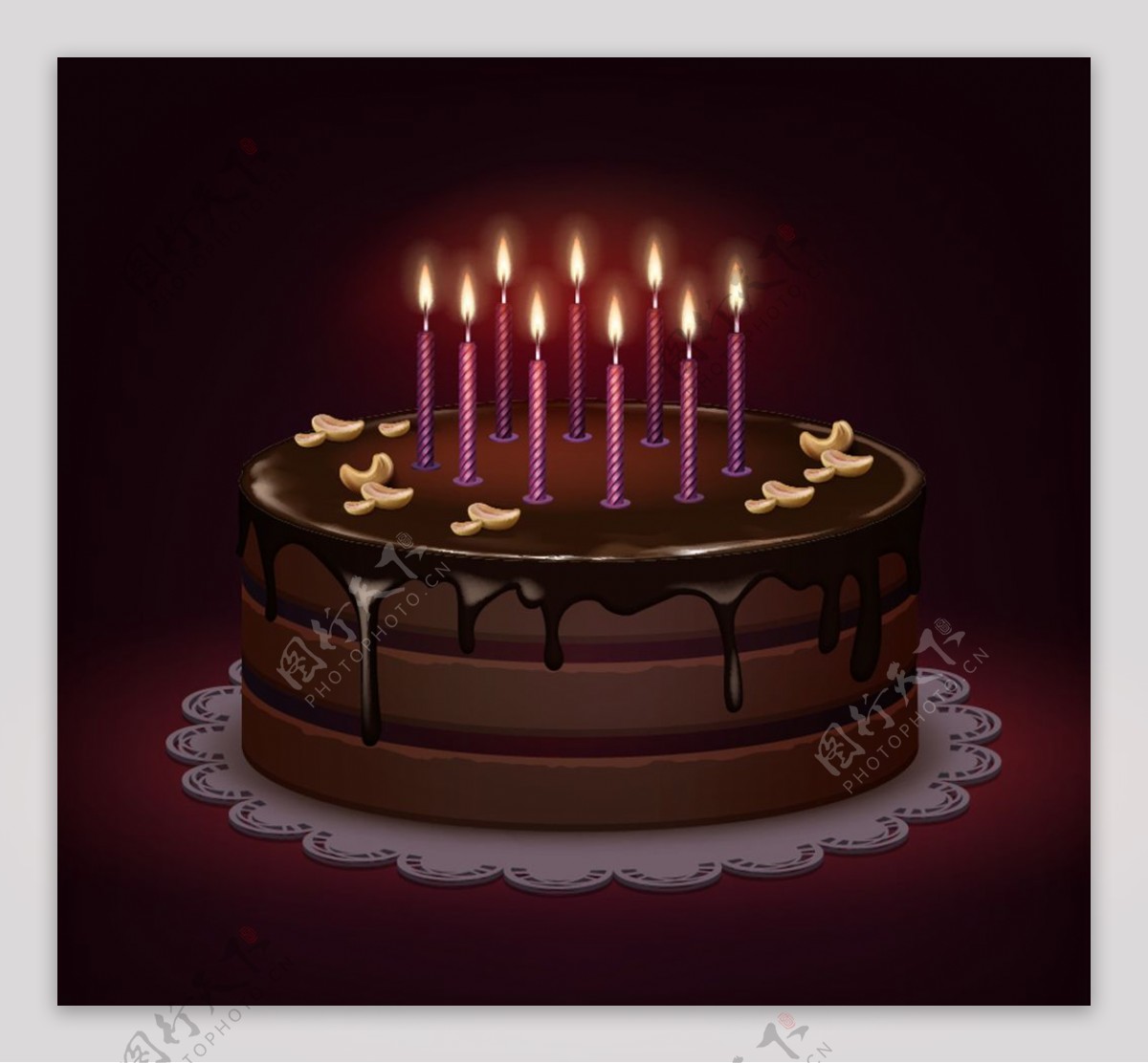 巧克力生日蛋糕上燃烧的蜡烛