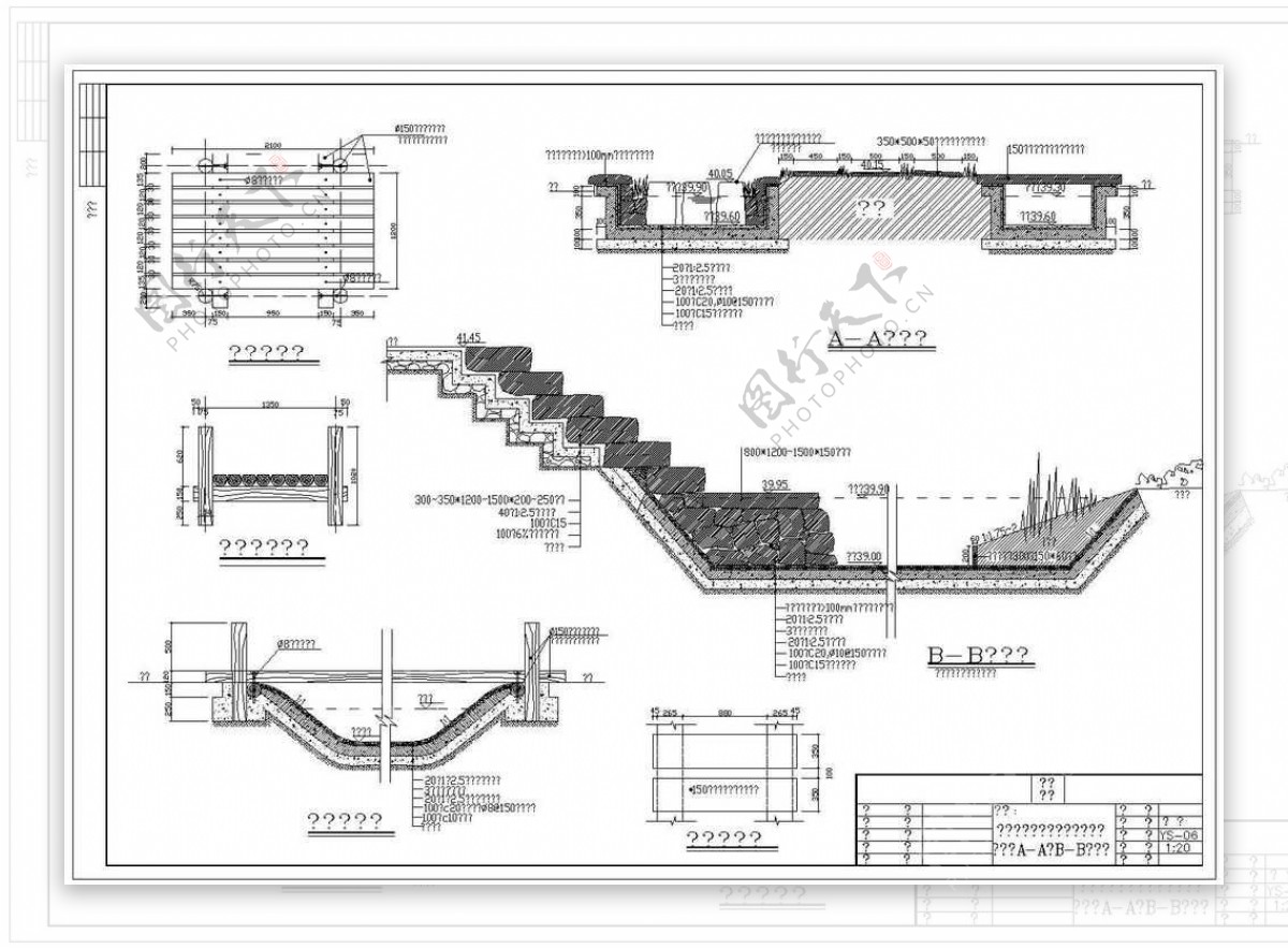 深圳园博会景观规划YS06木桥平桥步石做法详图知鱼塘AABB剖面图