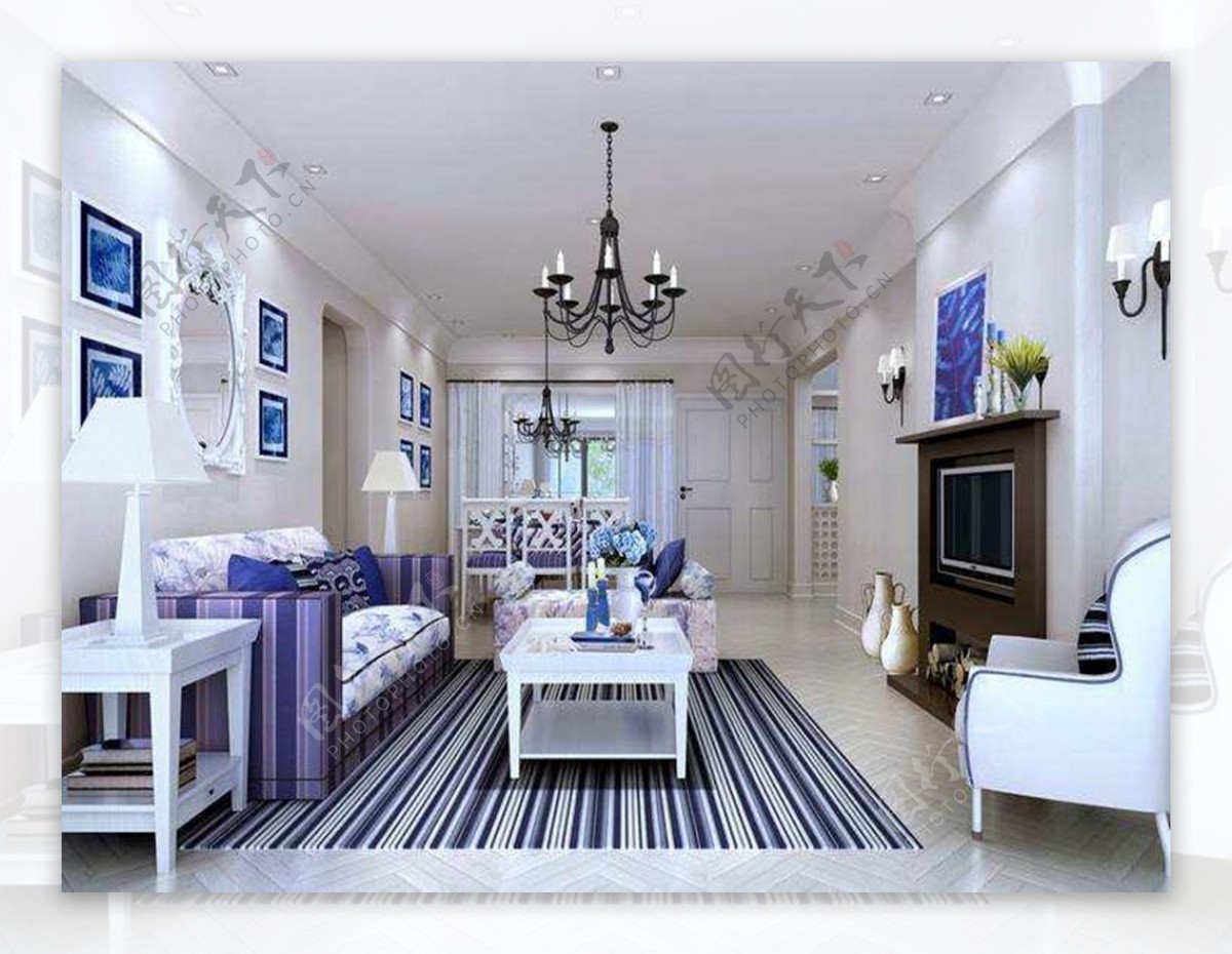 地中海风格客厅竖条地毯设计家装效果图