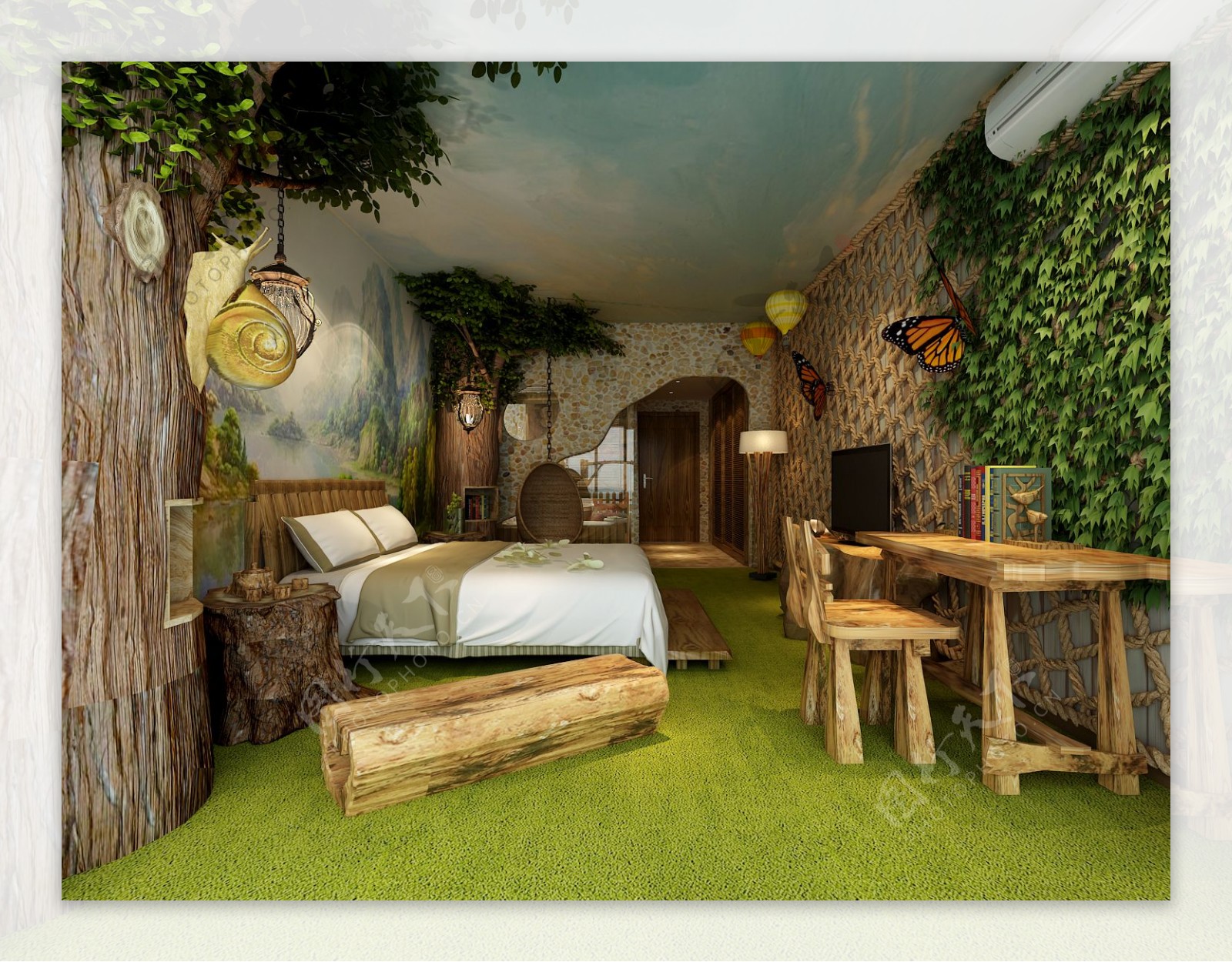 现代森林树叶装饰背景墙卧室室内装修效果图