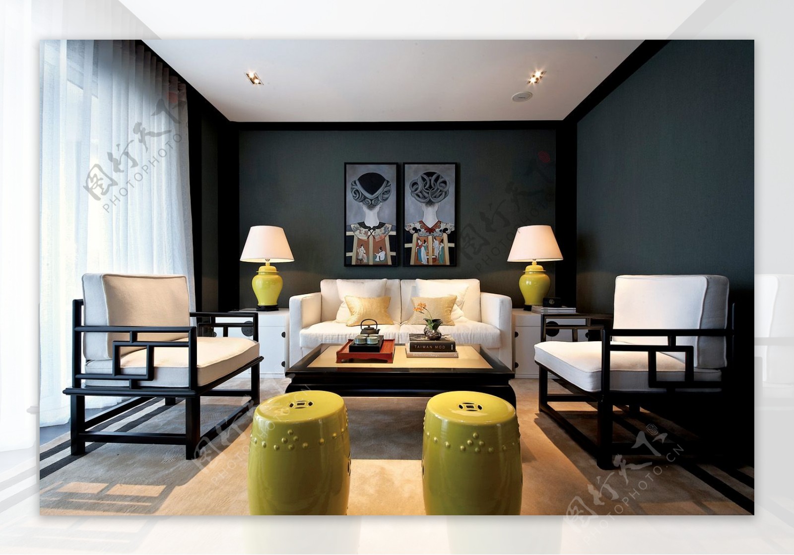 现代时尚客厅亮黄色凳子室内装修效果图