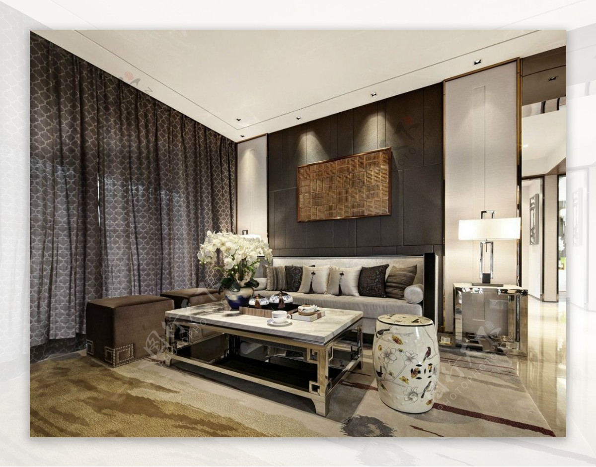 现代时尚客厅白色花纹凳子室内装修效果图