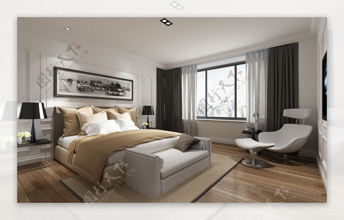 新中式简约风格卧室装饰画效果图