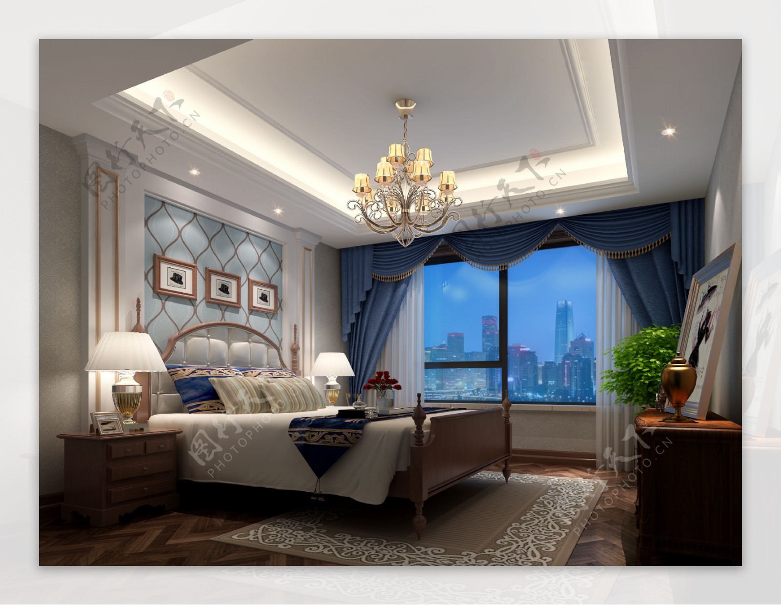 美式清新卧室蓝色窗户室内装修效果图