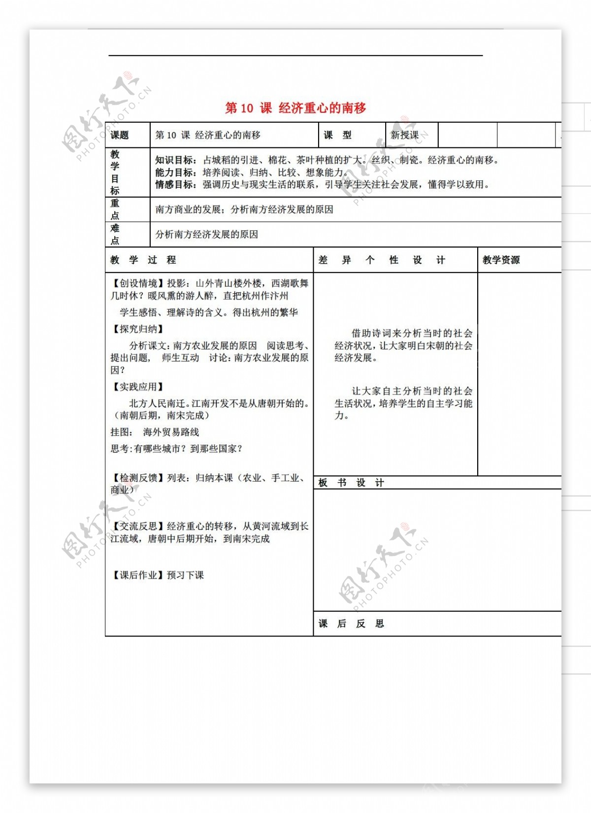 七年级下册历史七年级下册第10课经济重心的南移教案