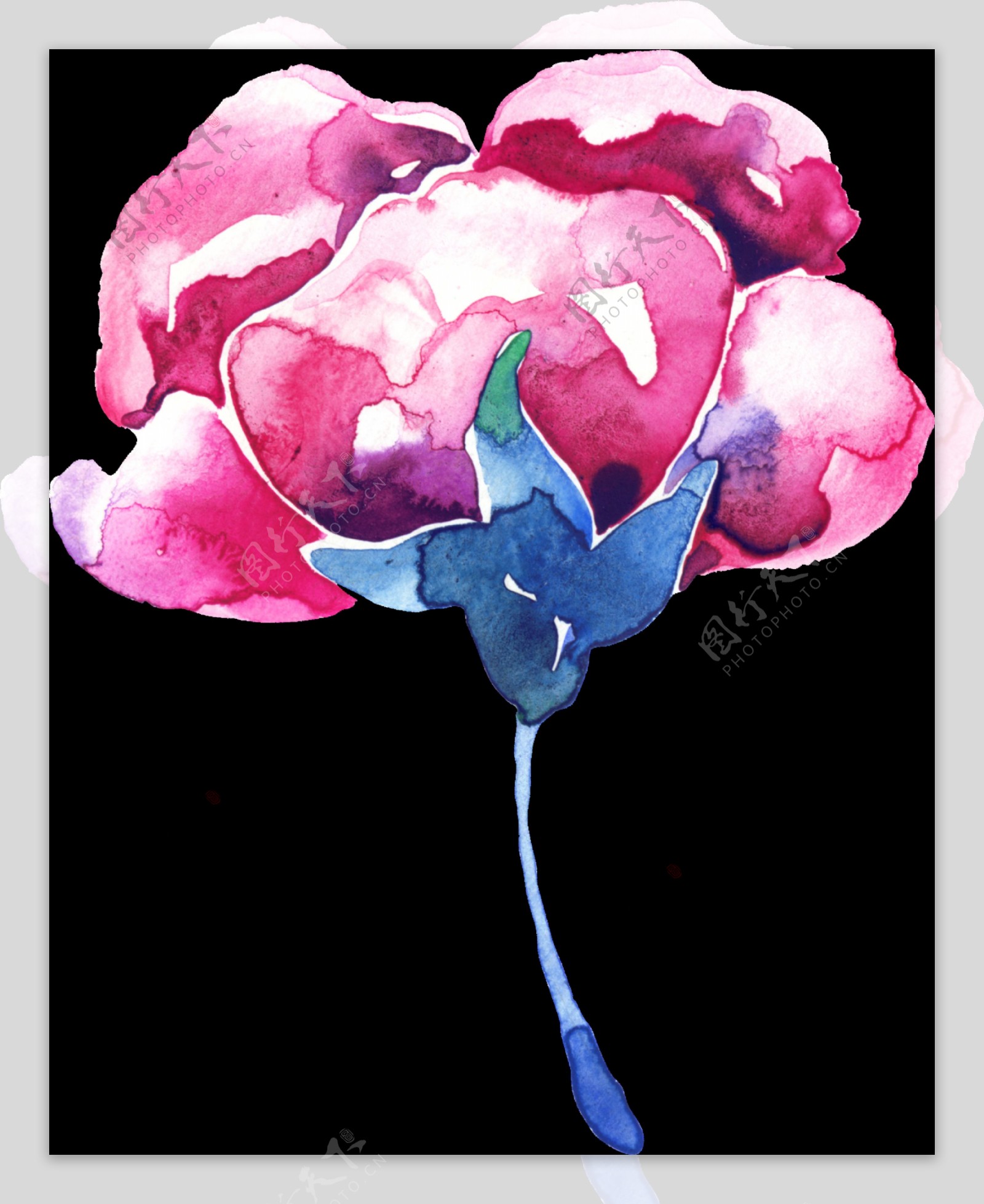 手绘水彩蓝色叶子花朵png透明素材