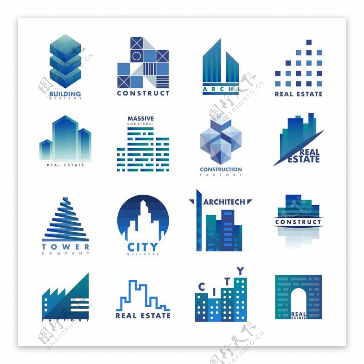 蓝色城市建筑大楼标志图片