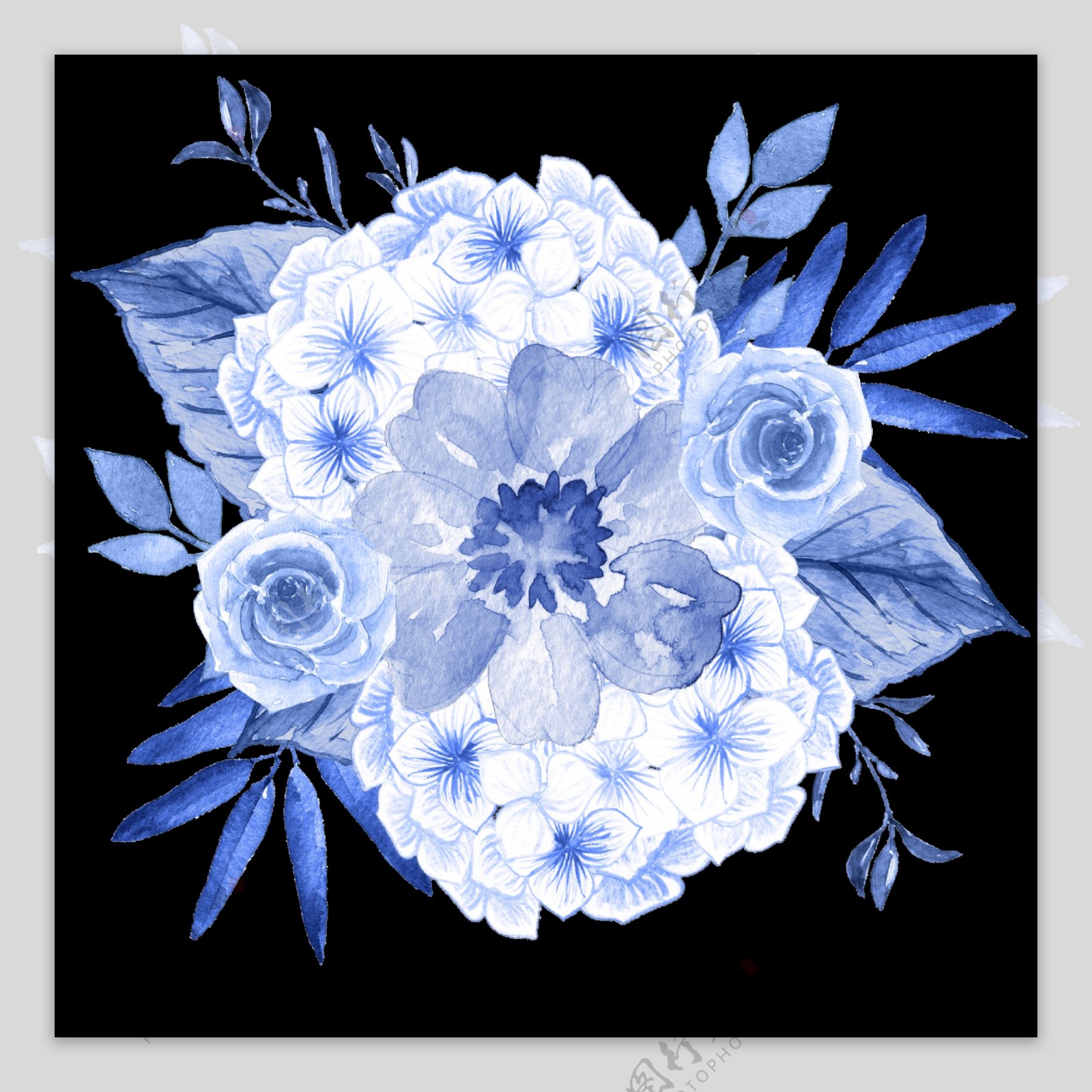 手绘水晶蓝花束png透明素材