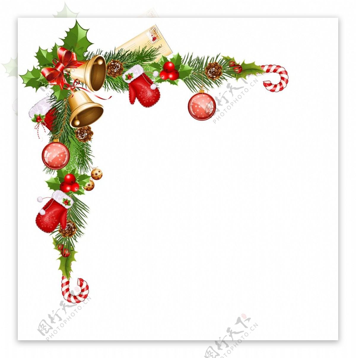 圣诞松枝铃铛手套边角装饰元素