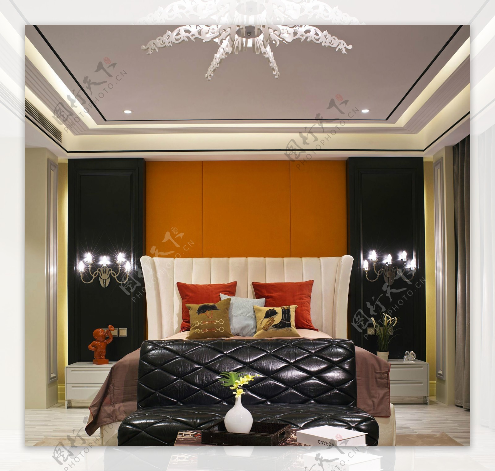 现代时尚卧室土黄色背景墙室内装修效果图