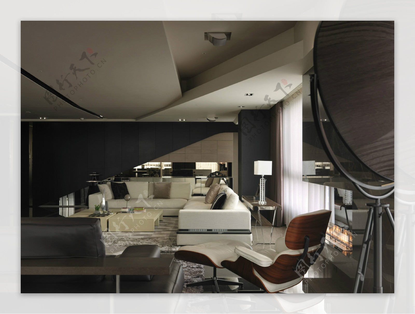 现代时尚客厅白色皮质沙发室内装修效果图