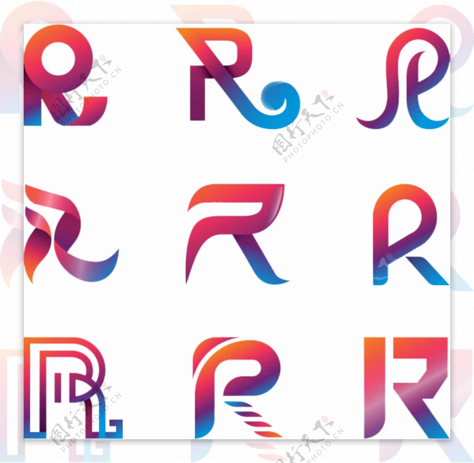 注册商标R彩色渐变字母元素艺术图标素材设计装饰集合