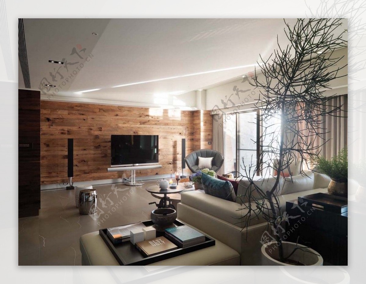 北欧清新客厅褐色背景墙室内装修JPEG图