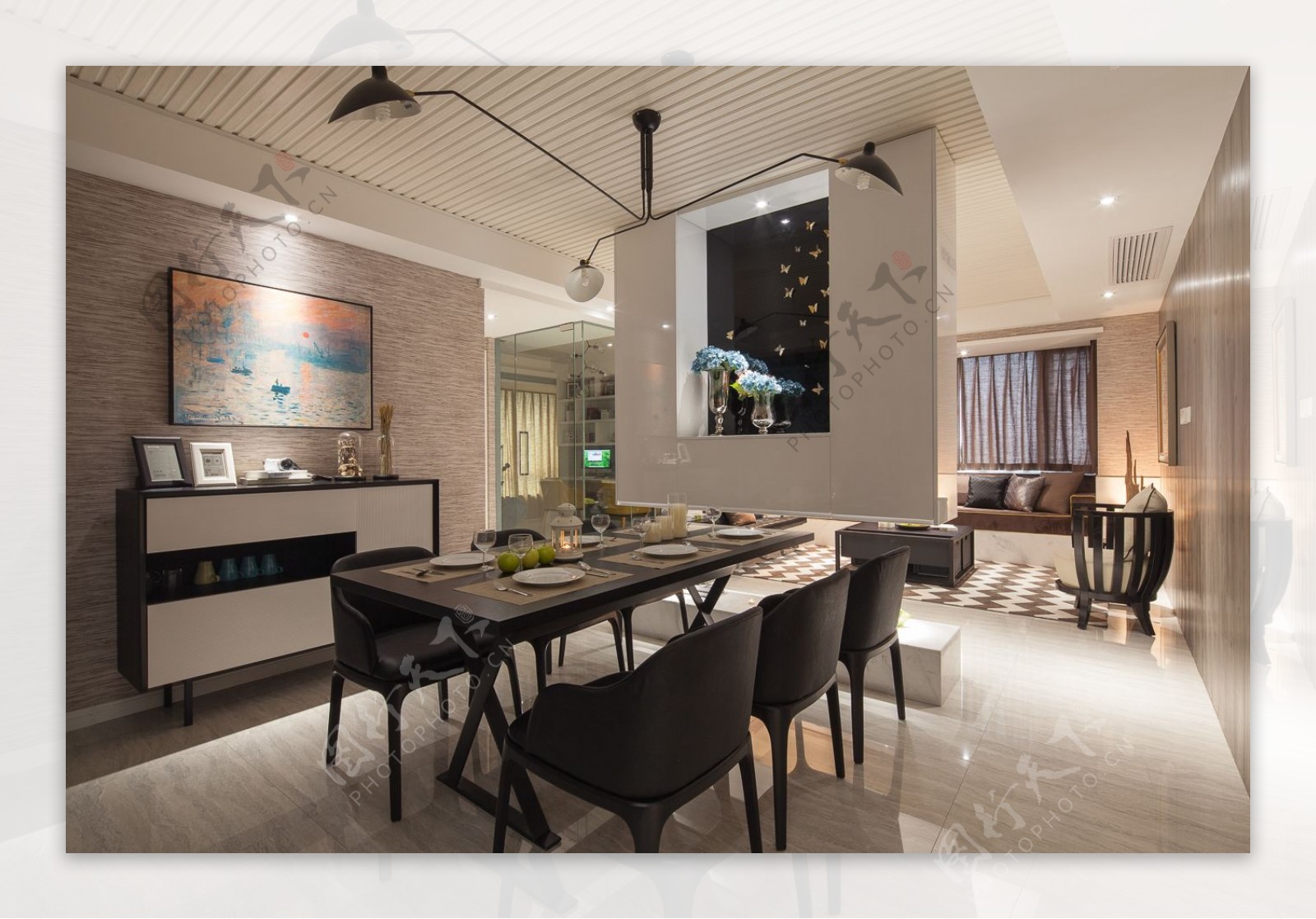 现代时尚长方形餐桌客厅室内装修效果图