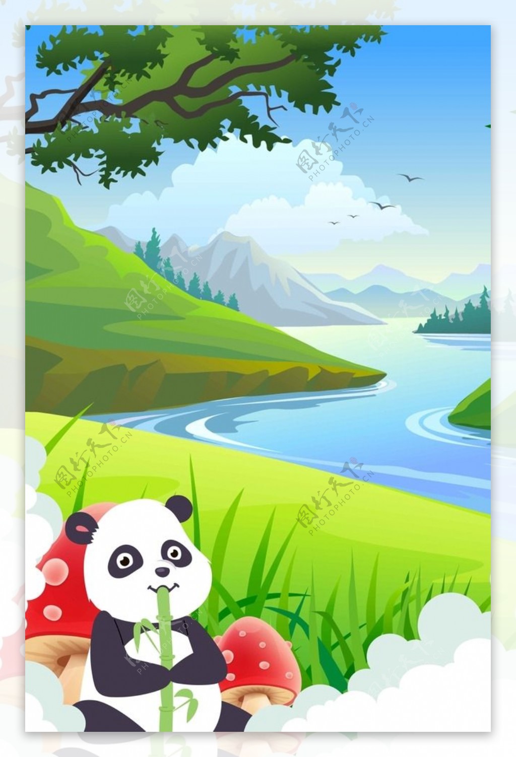 小清新河流熊猫背景