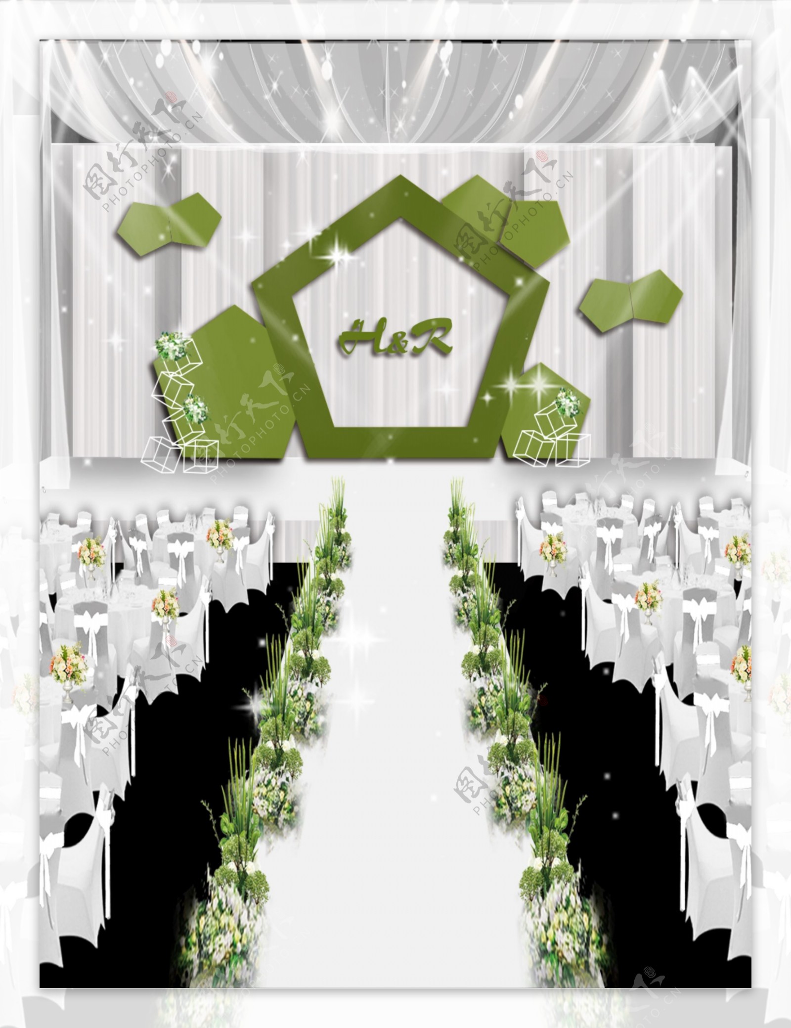 绿色简约几何形状婚礼效果图设计
