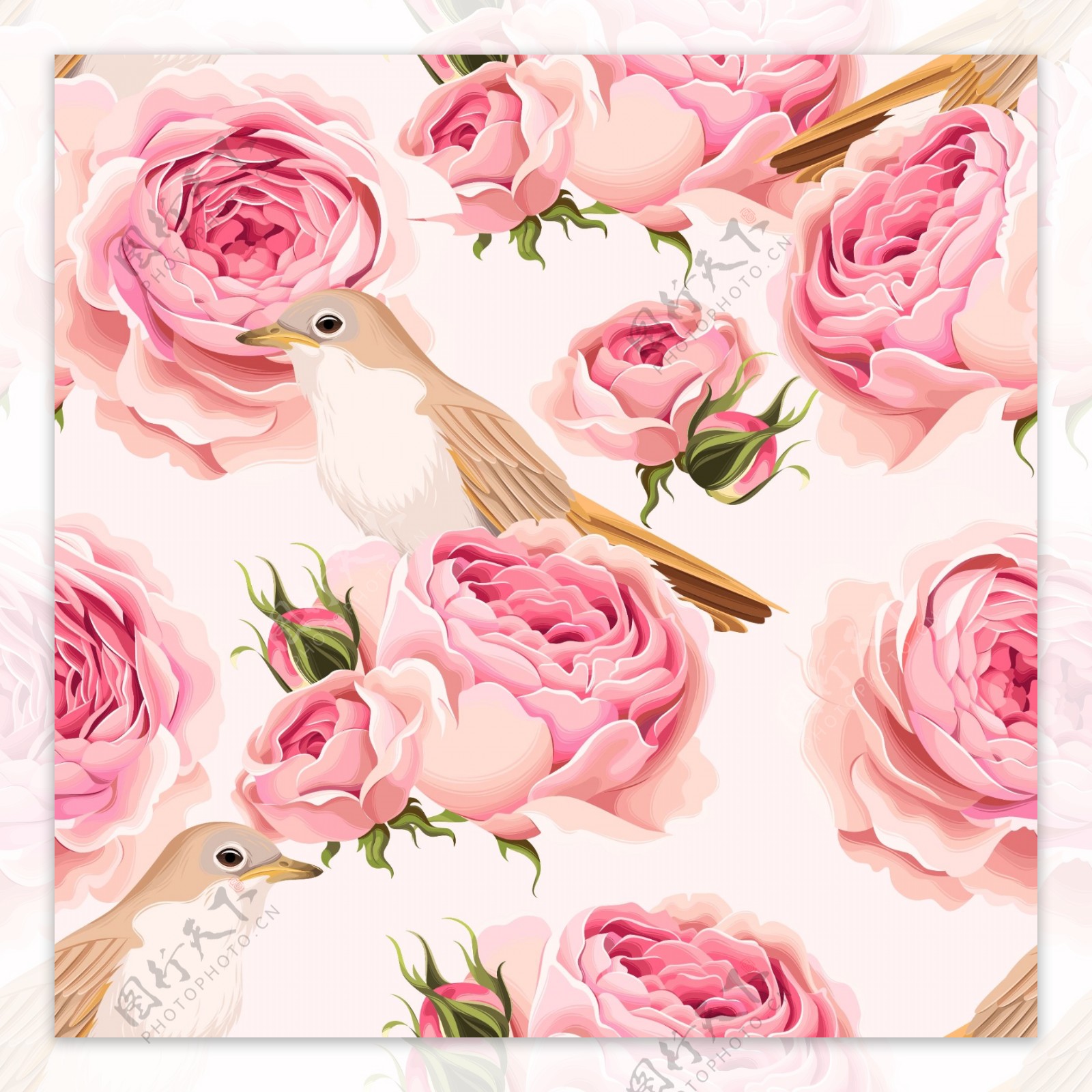 粉色浪漫花朵和小鸟背景