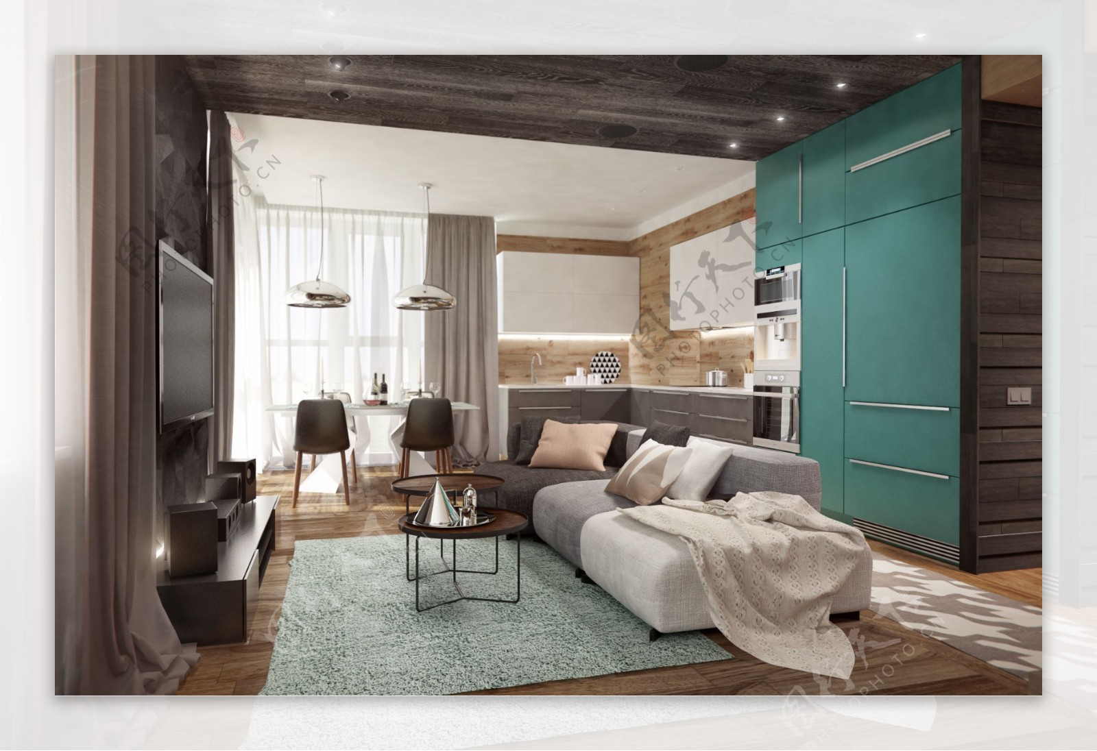 现代精致客厅蓝绿色背景墙室内装修效果图