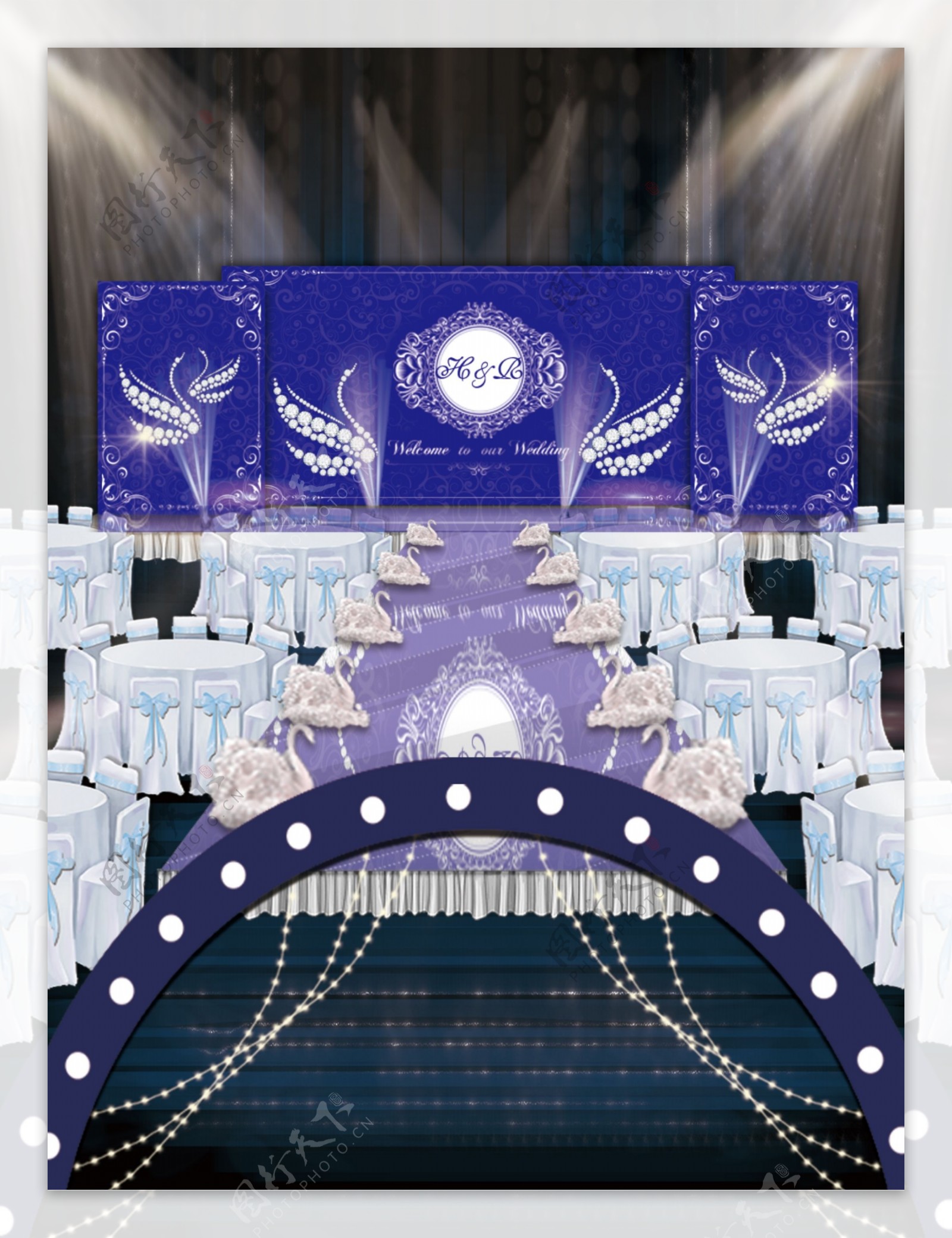 蓝色欧式花纹天鹅元素婚礼效果图设计
