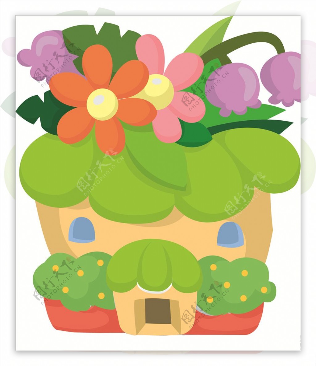 卡通图案绿色素材手绘花朵房子